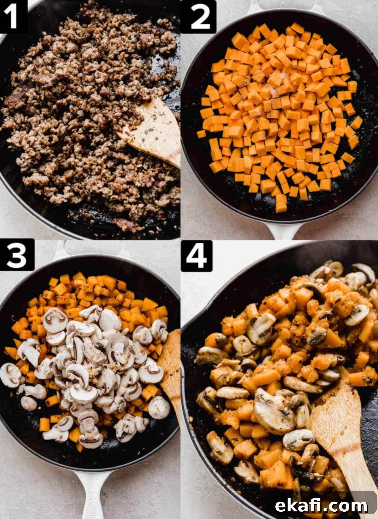 Butternut Squash Sausage Pasta 4 Four photos showing how to make Butternut Squash Mushroom Pasta with cooked sausage, in a black cast iron skillet, and combining ingredients.