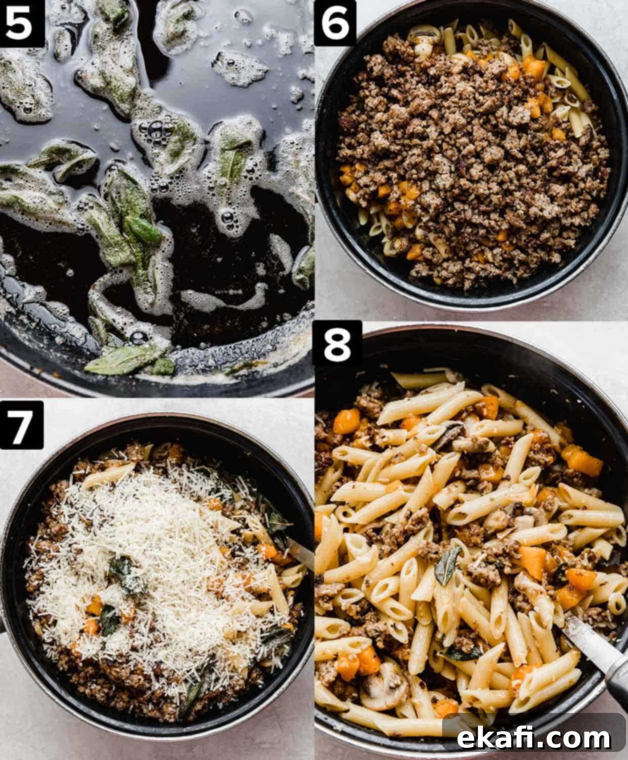 Butternut Squash Sausage Pasta 5 Four images showing stages of making Butternut Squash Mushroom Pasta: sage leaves in butter, pasta in a bowl, pasta with parmesan, and stirred pasta.