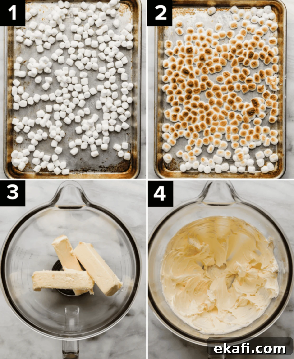 Καβουρδισμένο Μαρσμάλοου Γλάσο 4 Four photos showing how to make toasted marshmallow frosting: top left image is mini marshmallows on a baking sheet, top right photo is toasted marshmallows on a baking sheet, bottom left image is butter in a glass bowl, bottom right is creamed butter in a glass bowl.