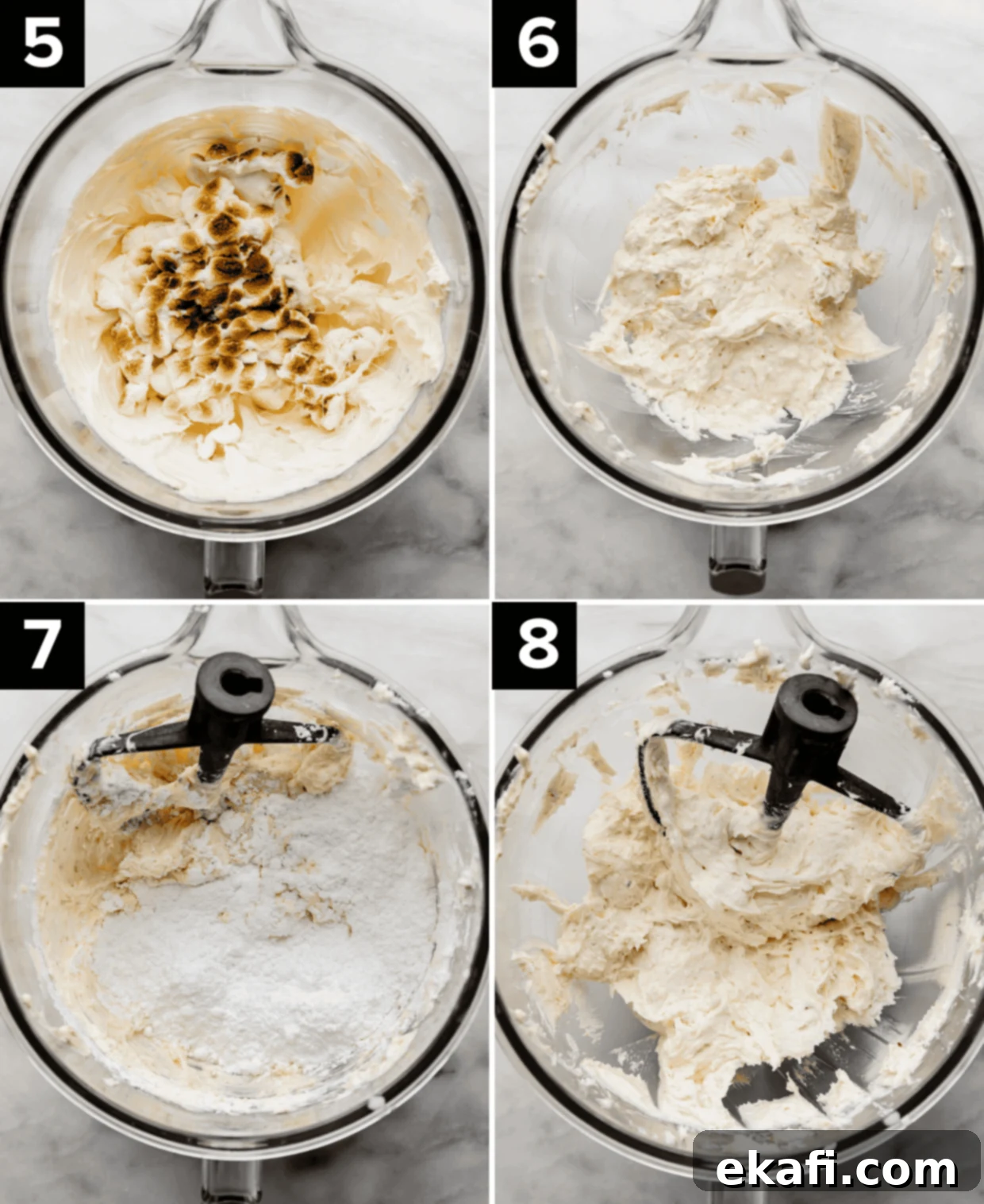 Καβουρδισμένο Μαρσμάλοου Γλάσο 5 Four photos showing the process of making marshmallow frosting with toasted marshmallows.