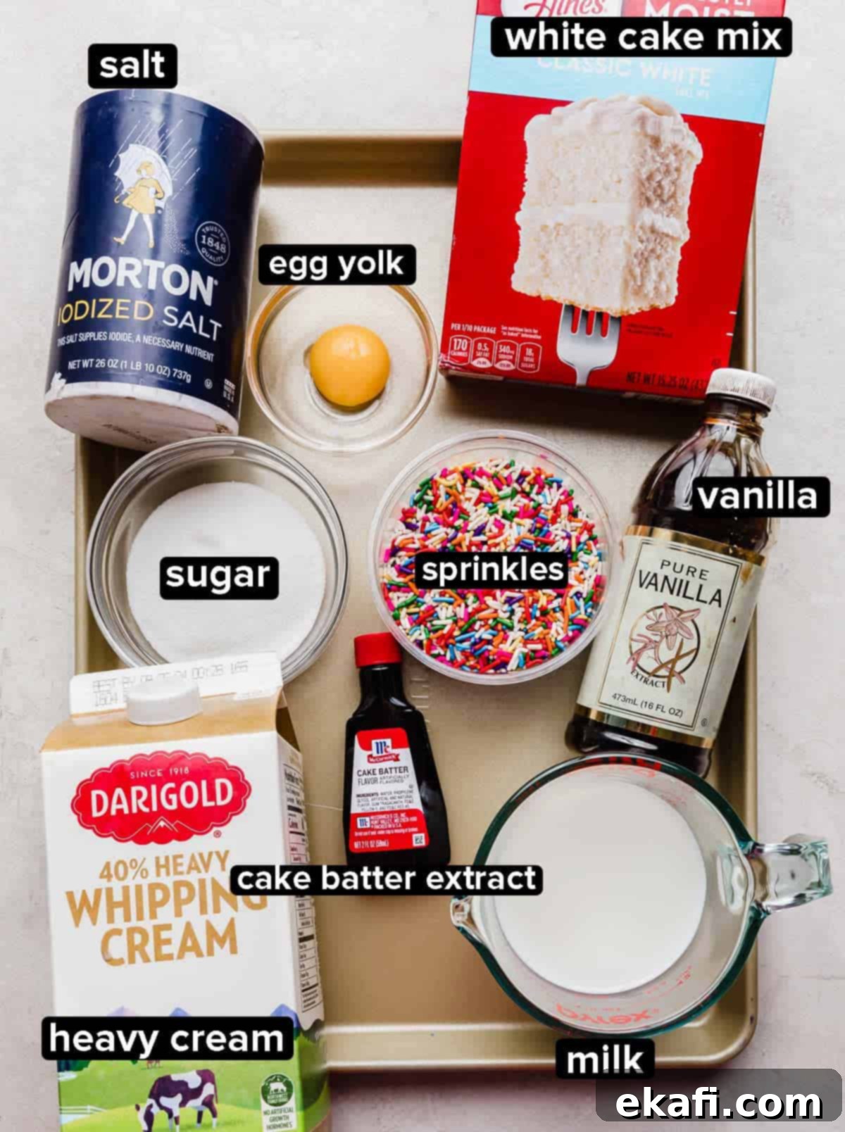 Confetti Cake Ice Cream 3 Birthday Cake Ice Cream ingredients on a white background: heavy cream, milk, sprinkles, white cake mix, cake batter extract, sprinkles, sugar, and egg yolk.