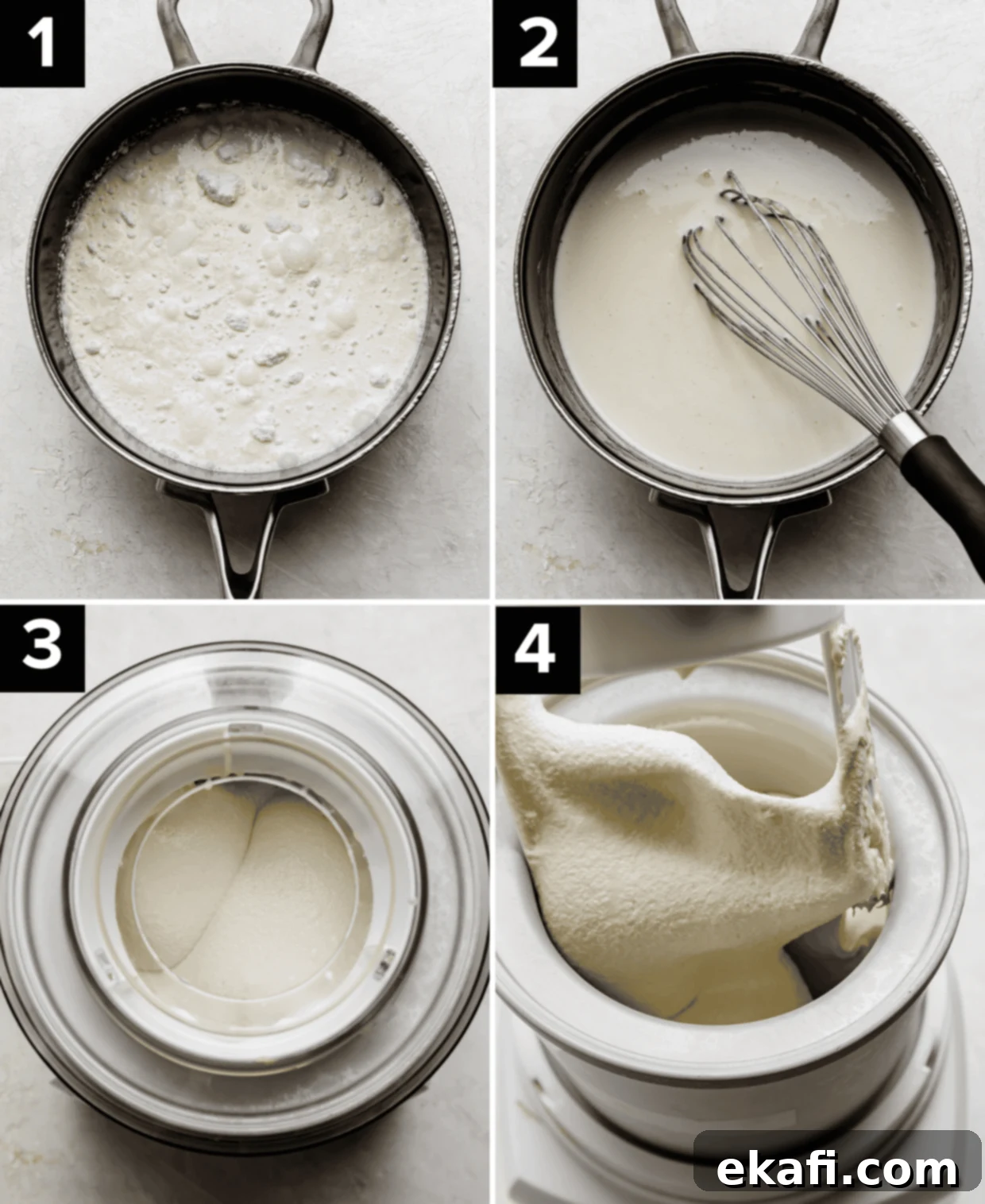 Confetti Cake Ice Cream 4 Four photos showing how to make the best Birthday Cake Ice Cream (cake batter ice cream recipe) top left image is white mixture in a black pot, top right photo is a whisk stirring the white mixture in a pot, bottom left image is ice cream churning, bottom right image is churned cake batter ice cream.