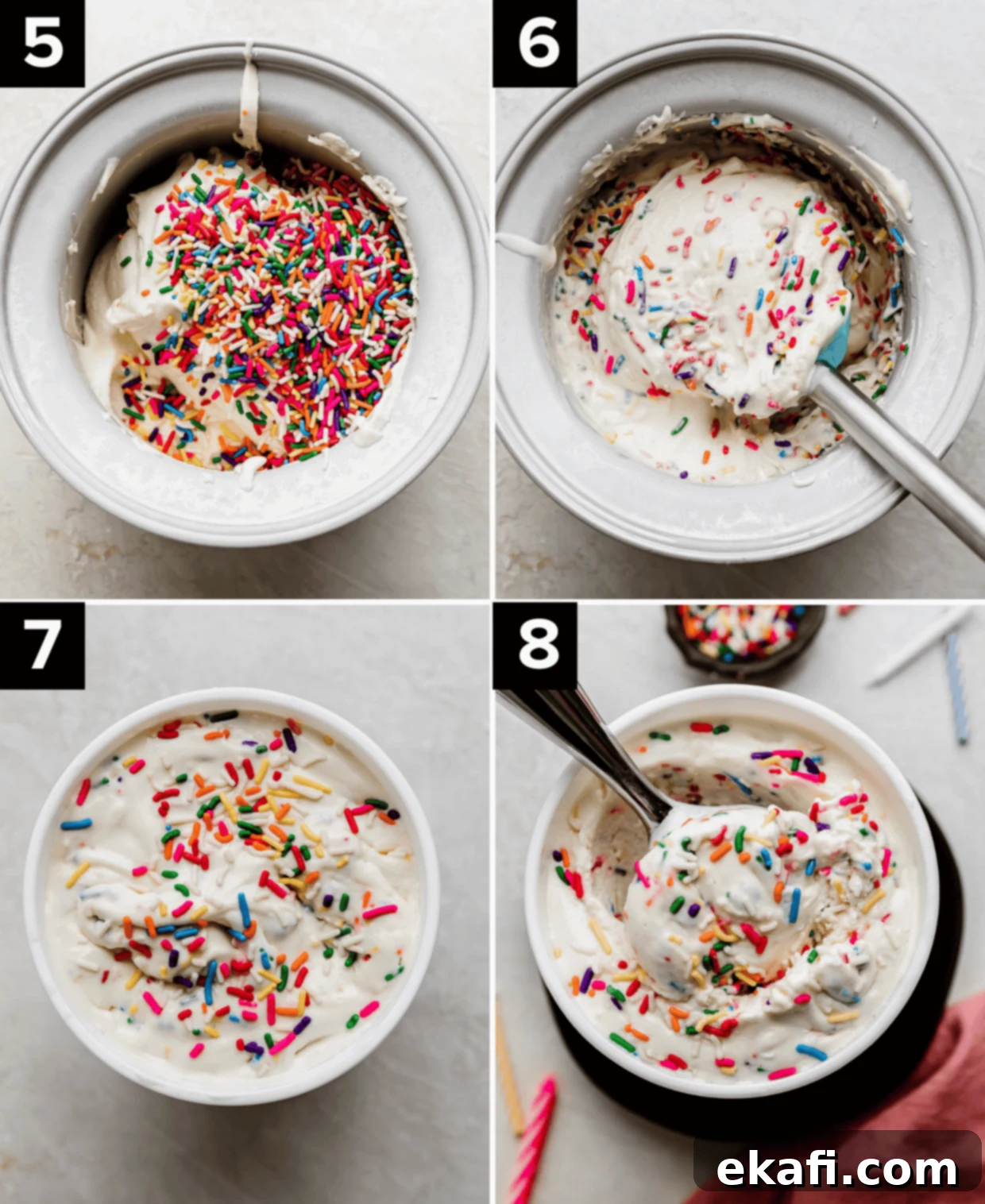 Confetti Cake Ice Cream 5 Four photos, top left is colorful sprinkles a top Birthday Cake Ice Cream in an ice cream maker, top right is a spatula mixing sprinkles into cake batter ice cream, bottom left is birthday cake ice cream in a round container, bottom right is an ice cream scoop scooping out sprinkle ice cream.