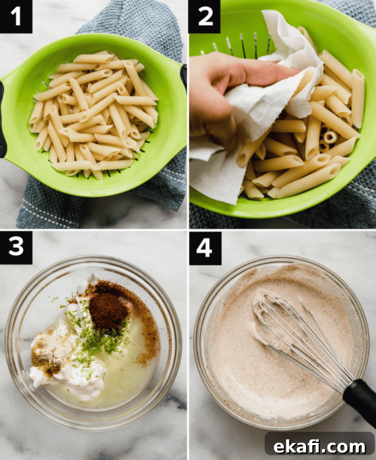 Elote Fiesta Pasta Salad 4 Four photos showing how to make the best Mexican Street Corn Pasta Salad, top images are of pasta in a green strainer, bottom left is mayo and sour cream mixture in a glass bowl, bottom right photo is a whisk mixing the Mexican Street Corn Pasta Salad dressing ingredients in a glass bowl.