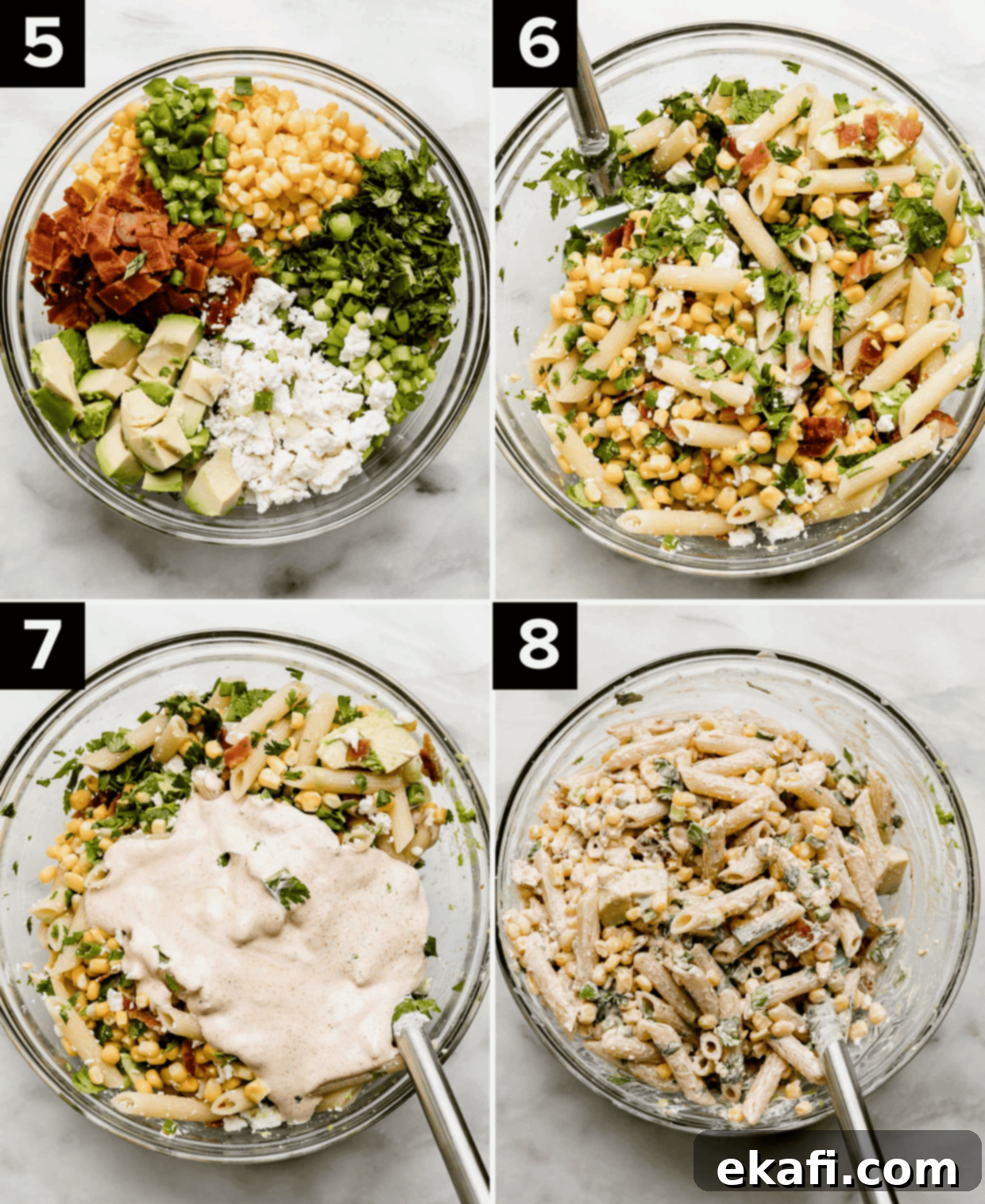Elote Fiesta Pasta Salad 5 Four photos showing the process of making Mexican Street Corn Pasta Salad by adding the corn, cheese, and mix-ins, then it stirred together and then the mayo dressing added and mixed in.