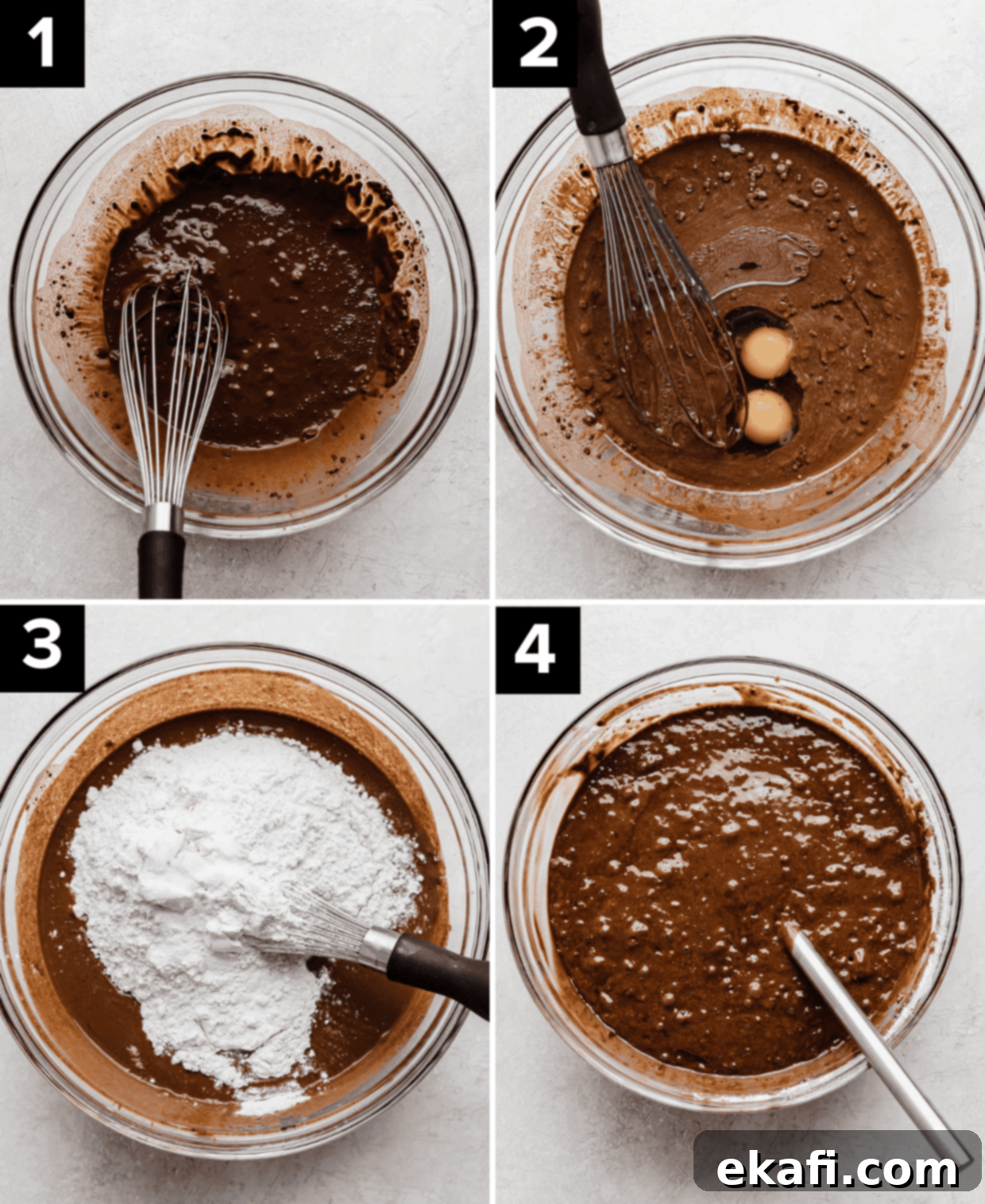 Chocolate Poke Cake 6 A collage of four images illustrating the chocolate cake preparation: a bowl with wet chocolate ingredients, then dry ingredients being added, and finally the mixed batter ready for baking.