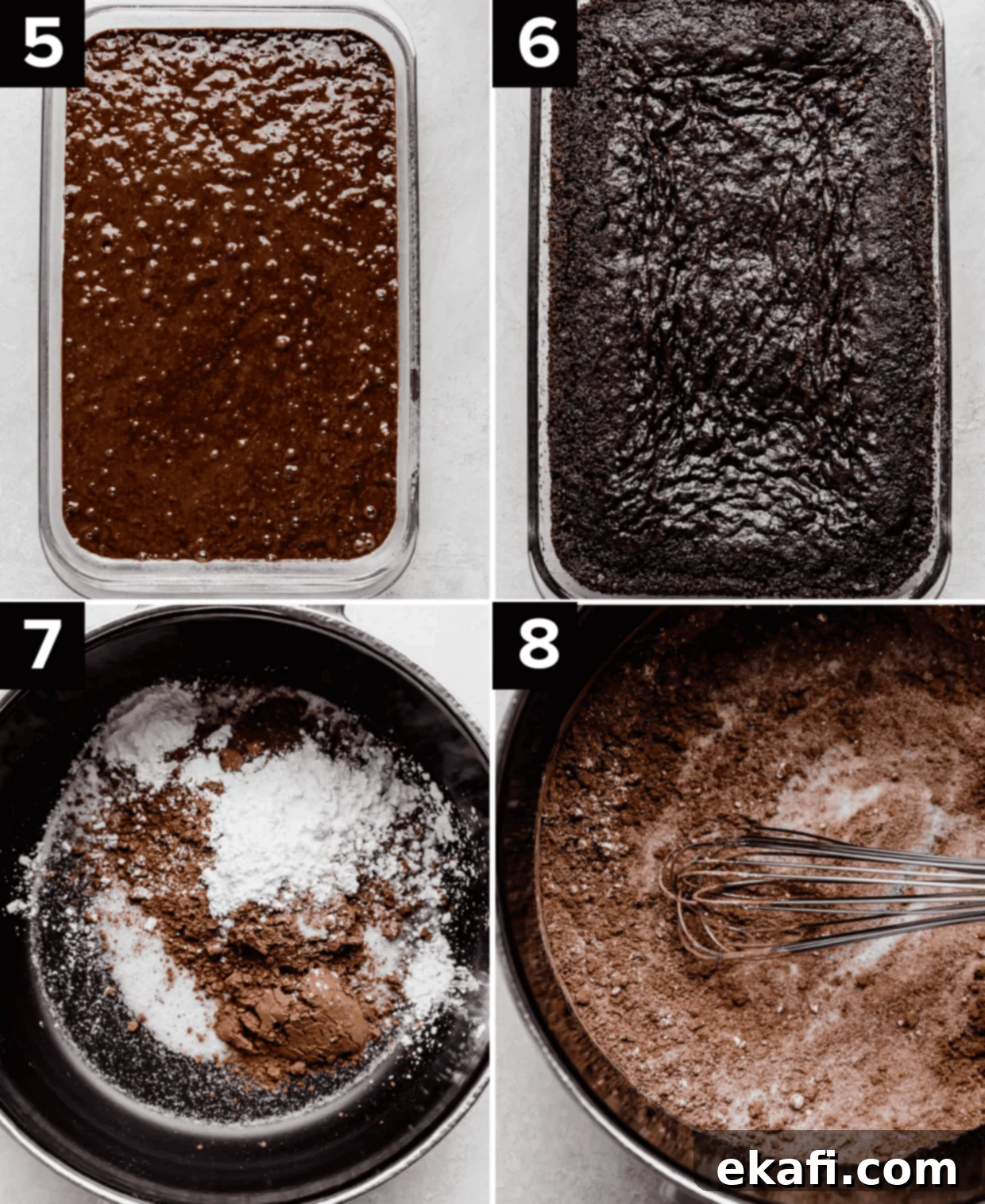 Chocolate Poke Cake 7 A four-panel image demonstrating cake baking and pudding preparation. Top left: chocolate cake batter in pan. Top right: baked cake. Bottom left: dry pudding ingredients in a saucepan. Bottom right: whisked dry pudding ingredients in saucepan.