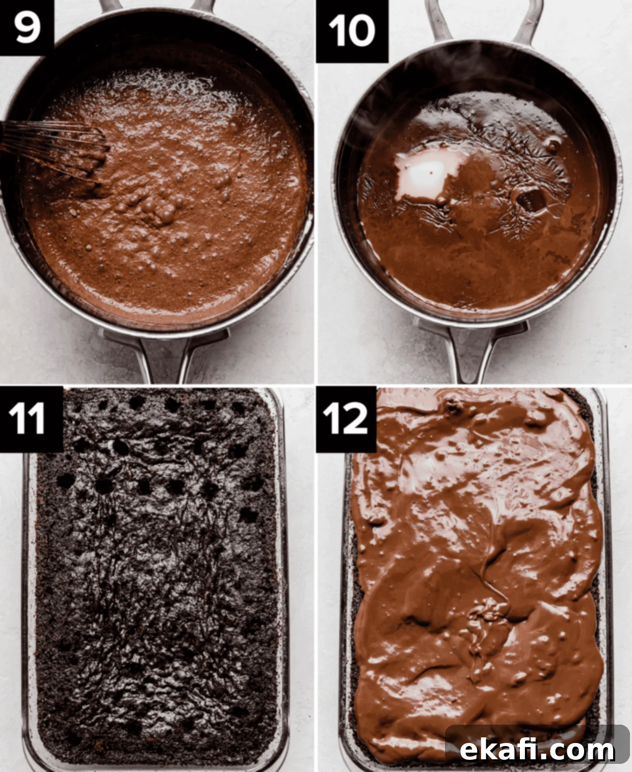 Chocolate Poke Cake 8 A four-panel image demonstrating the final stages of preparing a chocolate poke cake: chocolate pudding cooking, then being added to a poked cake, showing it seep into the holes for ultimate moisture.