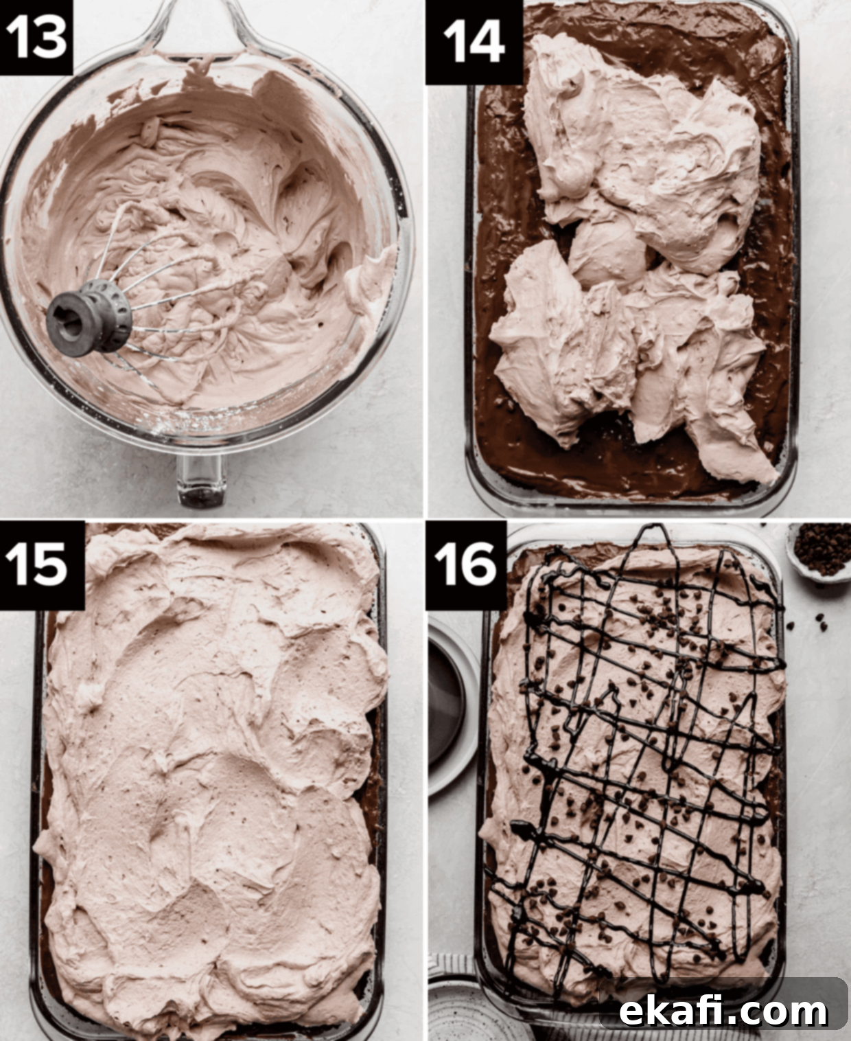 Chocolate Poke Cake 9 A collage of images showing chocolate whipped cream being made and then spread over the chocolate poke cake, finished with a chocolate drizzle and mini chocolate chips.