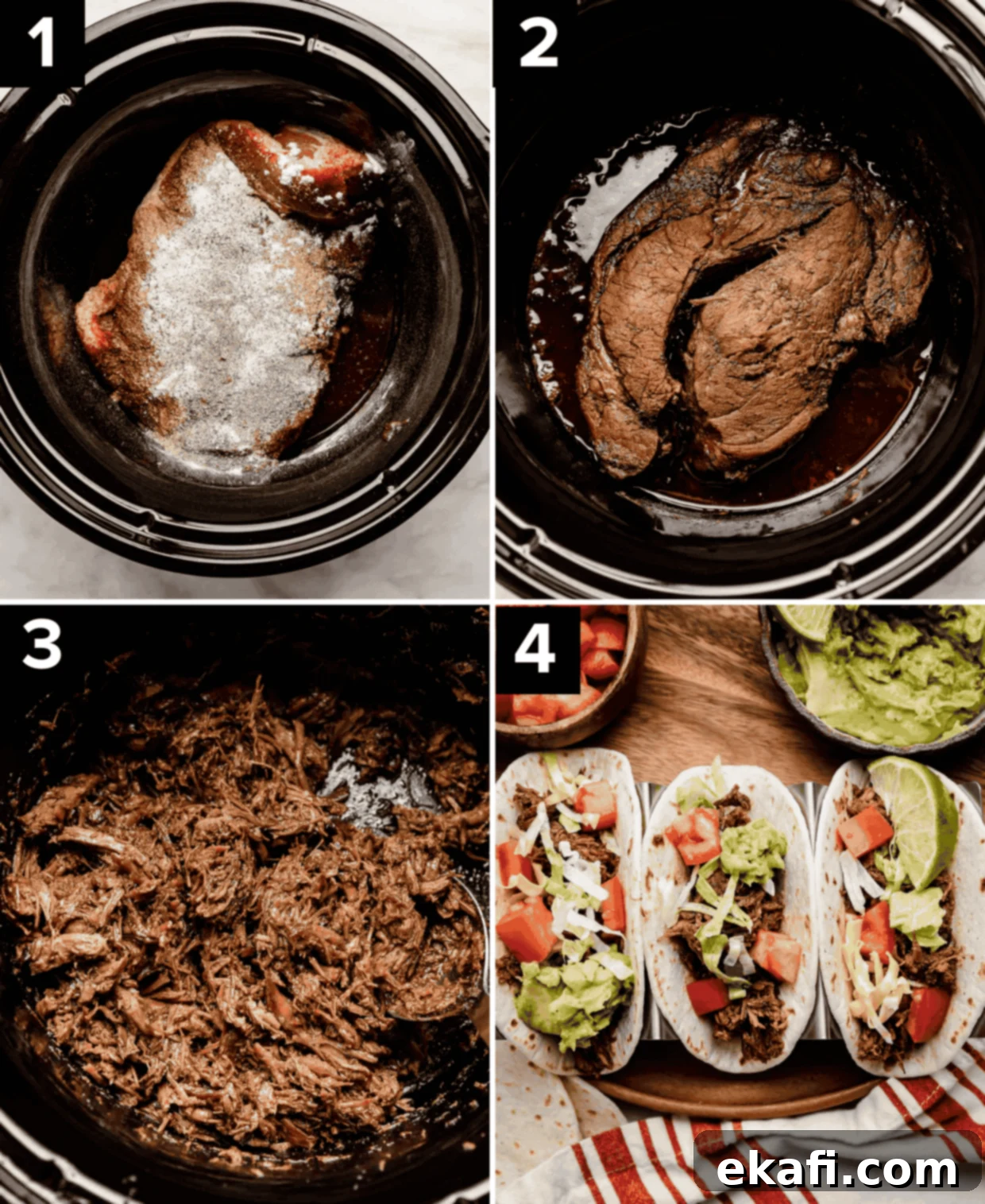 Fall-Apart Tender Slow Cooker Beef Tacos 4 Four photos showing how to make Crock Pot Shredded Beef Taco meat, top two images are beef chuck roast in a black round crock pot (raw and then cooked), bottom left image is shredded beef taco meat, bottom right image is Crock Pot Shredded Beef Tacos on flour tortillas.