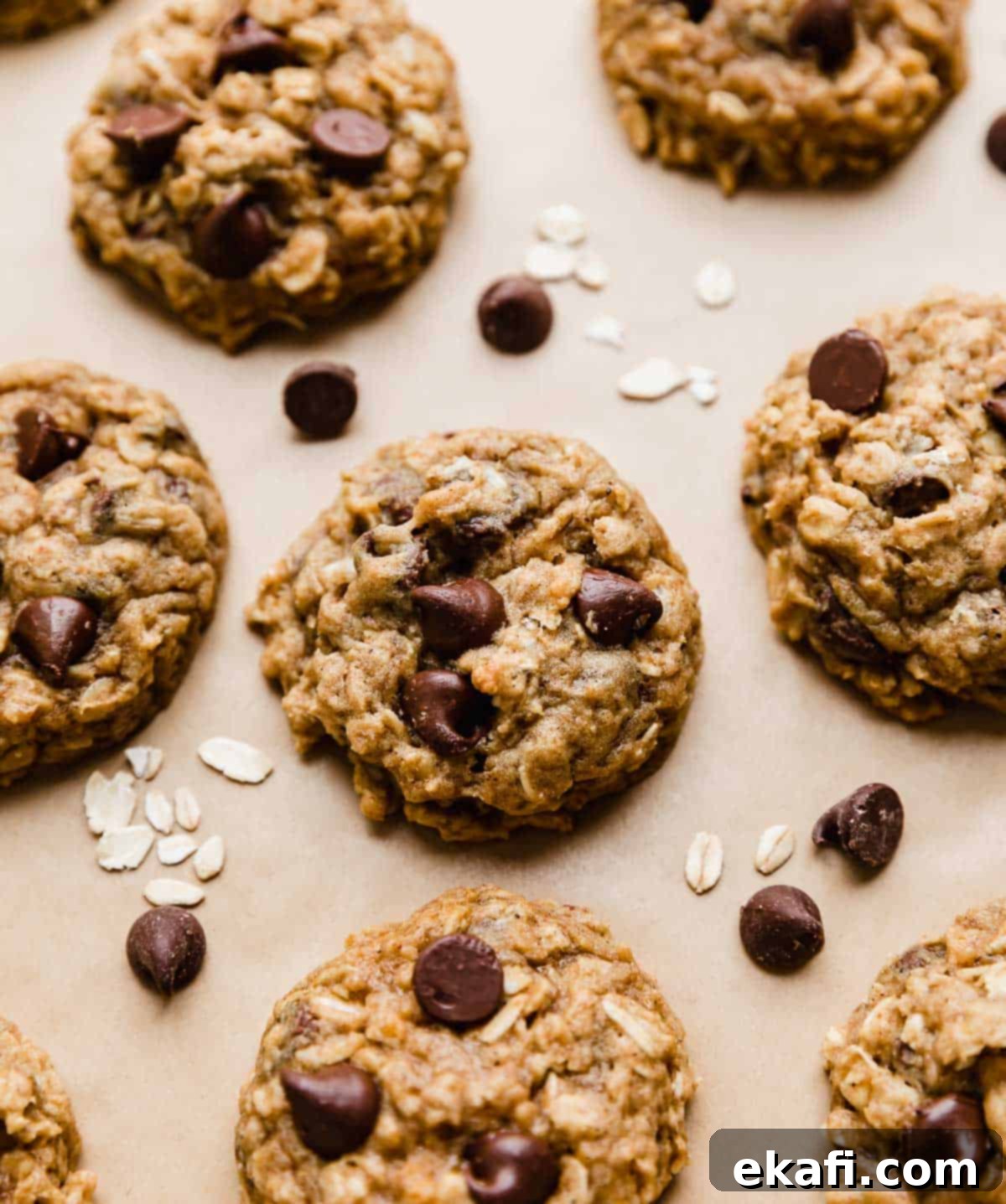 Cozy Pumpkin Chocolate Chip Oatmeal Delights 2 Chocolate Chip Oatmeal Pumpkin Cookies topped with semi-sweet morsels on Kraft parchment paper, ready to be enjoyed.