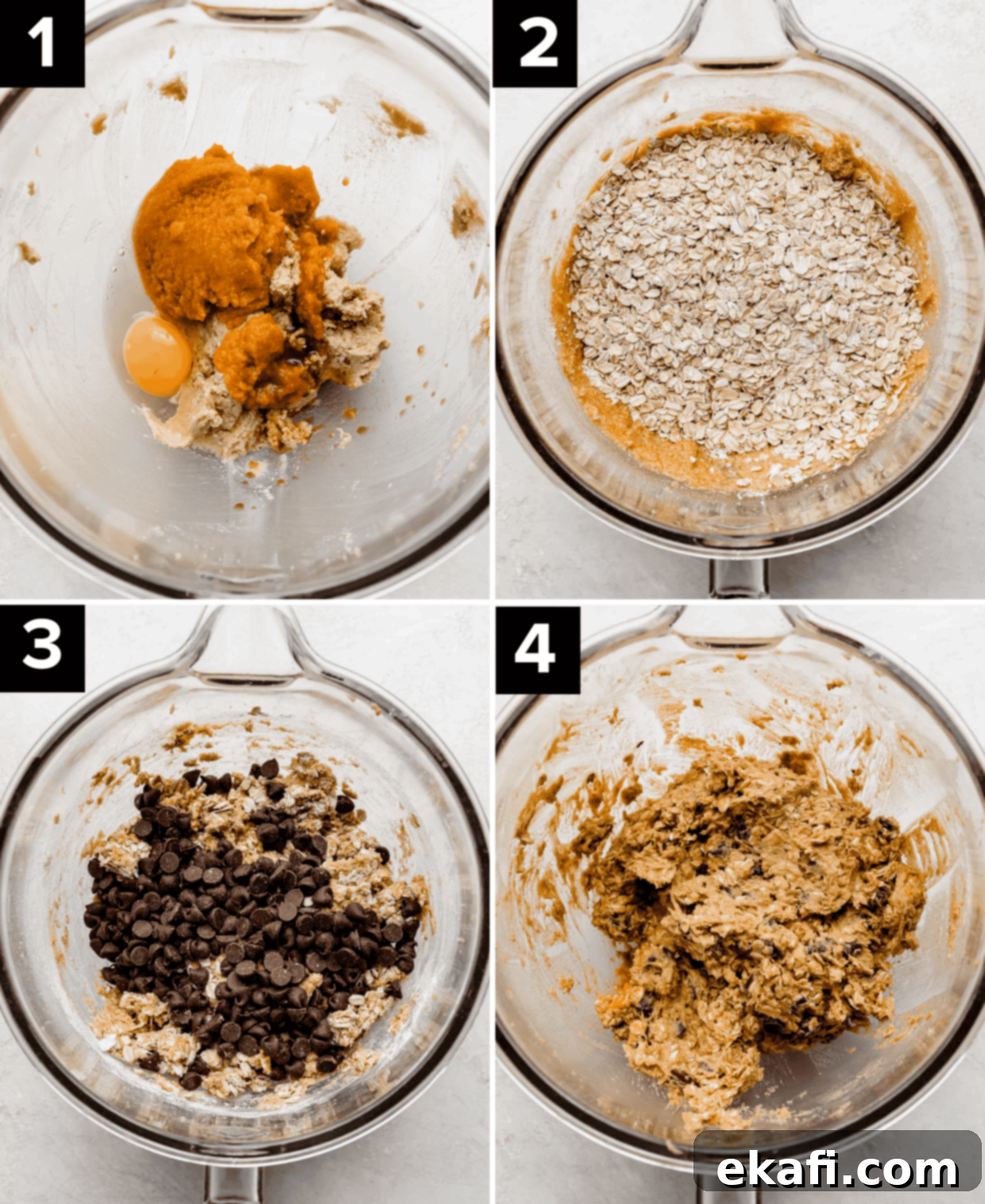 Cozy Pumpkin Chocolate Chip Oatmeal Delights 4 Four photos showing the step-by-step process of making pumpkin chocolate chip oatmeal cookies: top left shows pumpkin puree and wet ingredients in a mixing bowl, top right shows the addition of dry ingredients, bottom left shows adding chocolate chips, and bottom right shows the fully mixed cookie dough.