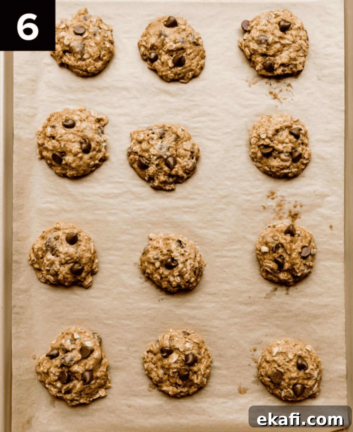 Cozy Pumpkin Chocolate Chip Oatmeal Delights 6 Freshly baked Chocolate Chip Oatmeal Pumpkin Cookies cooling on a baking tray, showing their golden-brown edges and soft centers.