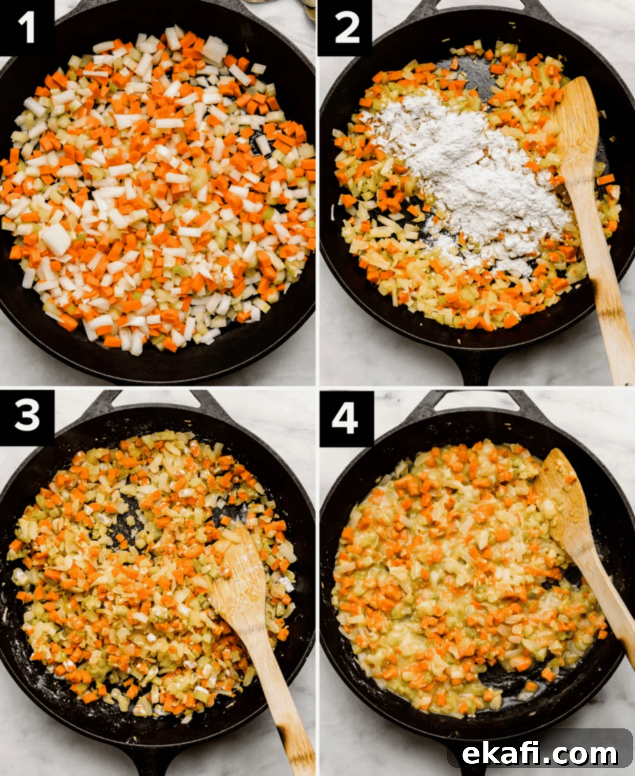 Cast Iron Chicken Pot Pie 4 Four photos showing the beginning of process of making Cast Iron Chicken Pot Pie by cooking diced onion, celery, and carrots in a skillet.