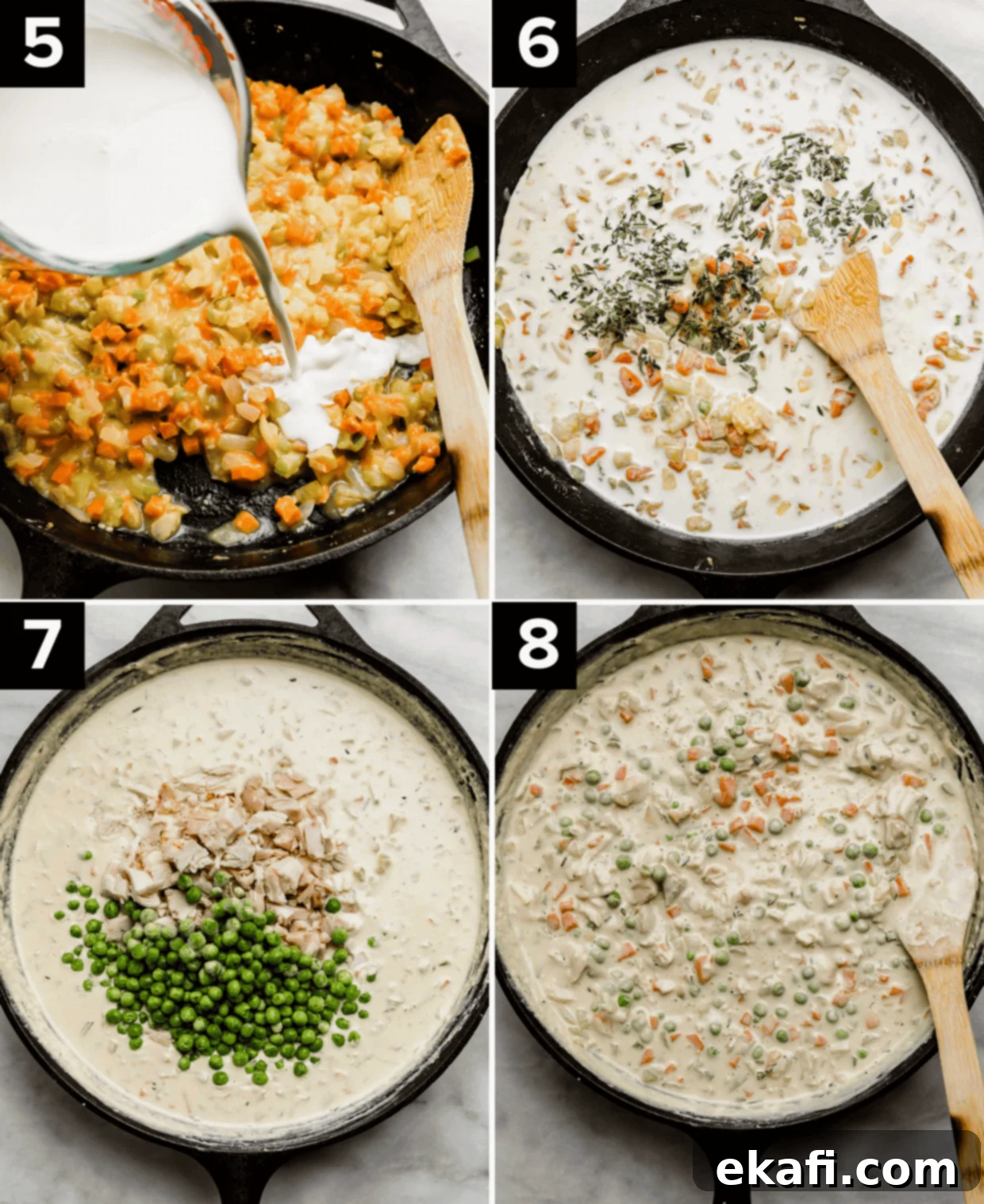 Cast Iron Chicken Pot Pie 5 Half and half being added to a Cast Iron Chicken Pot Pie mixture in a black pan, top right photo is white milk mixture mixed in with diced veggies, bottom left is chicken and peas added to a white pot pie mixture in a cast iron skillet, bottom right photo is cooked and creamy Cast Iron Chicken Pot Pie mixture in a black cast iron skillet.