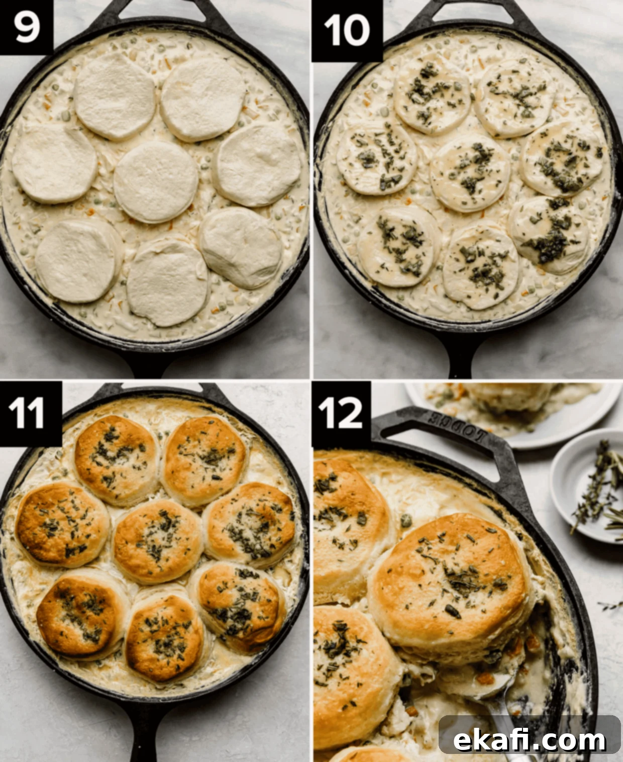 Cast Iron Chicken Pot Pie 6 Raw biscuit dough on top of chicken pot pie mixture in a cast iron skillet (top left), herb butter topped raw biscuits over pot pie mixture (top right), baked Cast Iron Chicken Pot Pie on white background (bottom left), close up of golden brown herb covered biscuit in a cast iron skillet (bottom right).