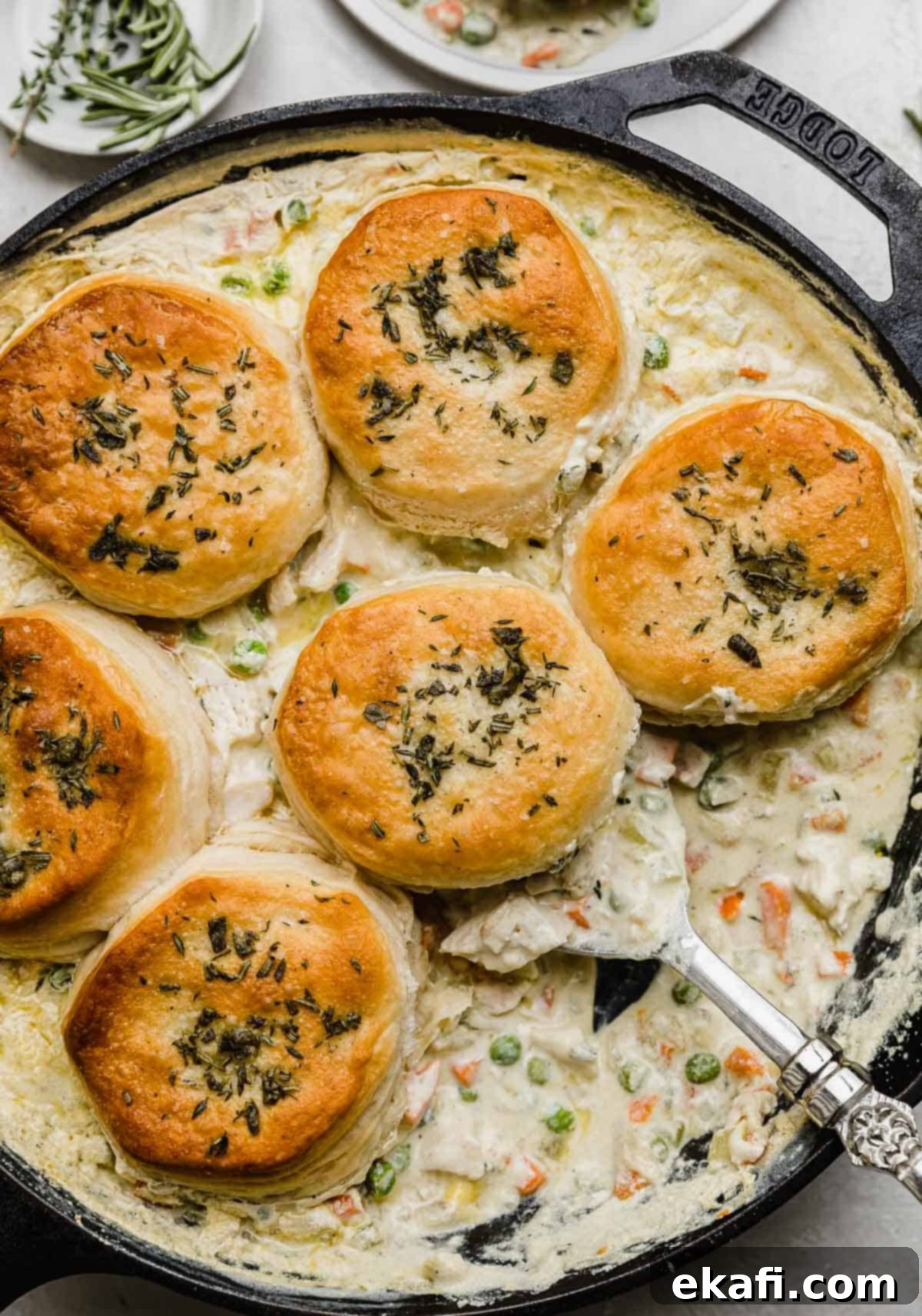 Cast Iron Chicken Pot Pie 7 Overhead photo of Cast Iron Chicken Pot Pie with a serving spoon scooping up a center biscuit.