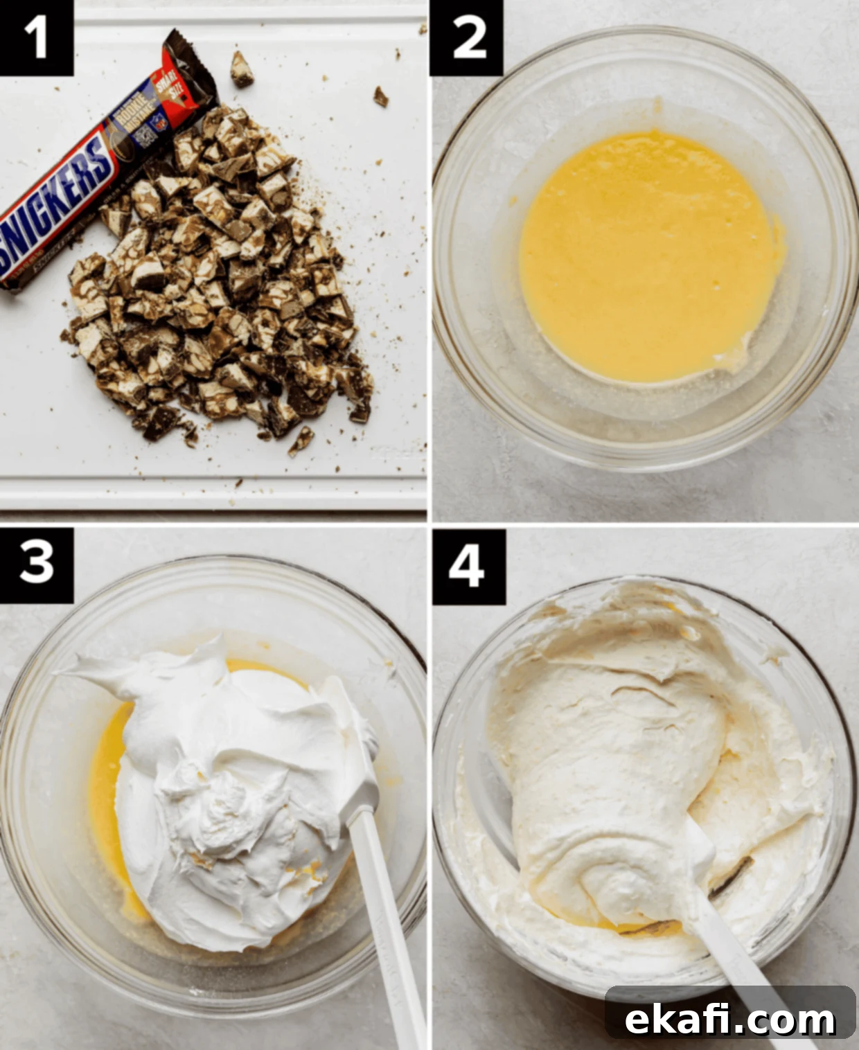 Creamy Snickers Apple Delight 4 Chopped snickers on cutting board (top left), yellow pudding in glass bowl (top right), cool whip added to glass bowl (bottom left), light yellow pudding and cool whip mixed together in glass bowl (bottom right), the process of making a salad with snickers and apples.