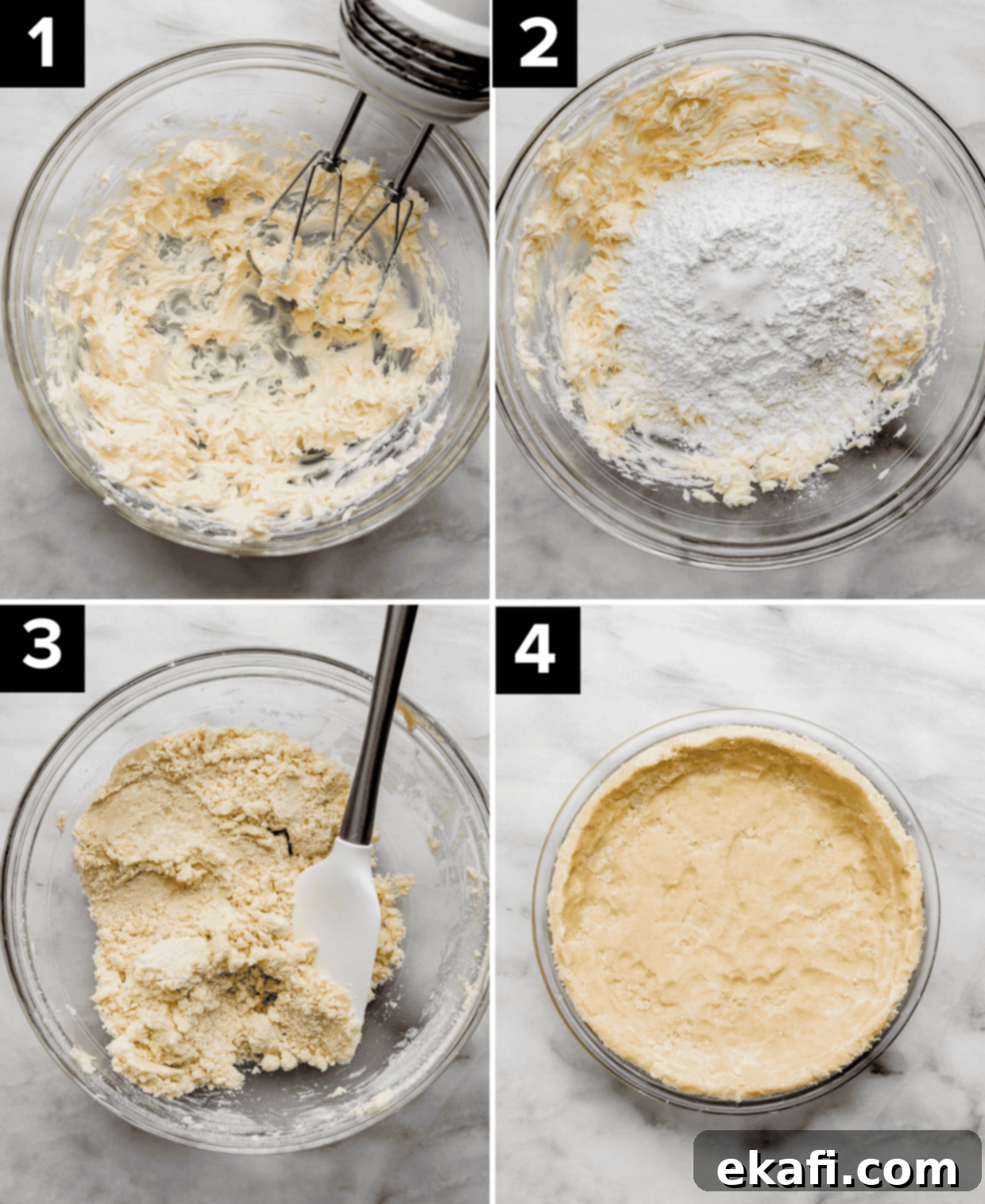 Buttery Shortbread Pie Base 4 Four images showing the making of a shortbread pie crust; butter creamed in a bowl (top left), flour and powdered sugar added to creamed butter (top right), shortbread dough in glass bowl (bottom left), Shortbread Pie Crust pressed into 9" pie plate (bottom right).