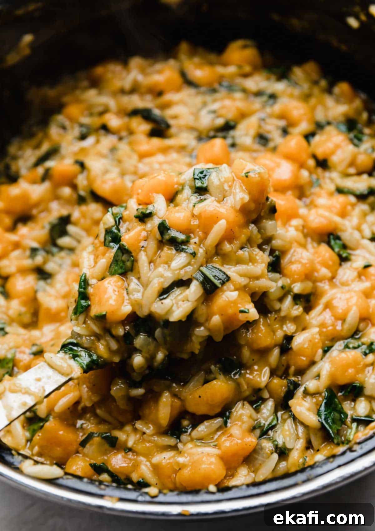 Creamy Butternut Squash Orzo 2 A large spoon scooping out Butternut Squash Orzo with kale from a black pot.
