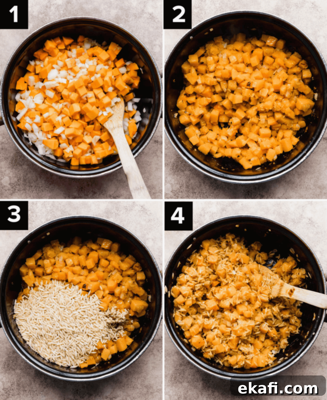 Creamy Butternut Squash Orzo 4 Four photos showing how to make a Butternut Squash Orzo recipe, all pictures have a black pot and cubed butternut squash, then it's cooked, then orzo is added and mixed in.