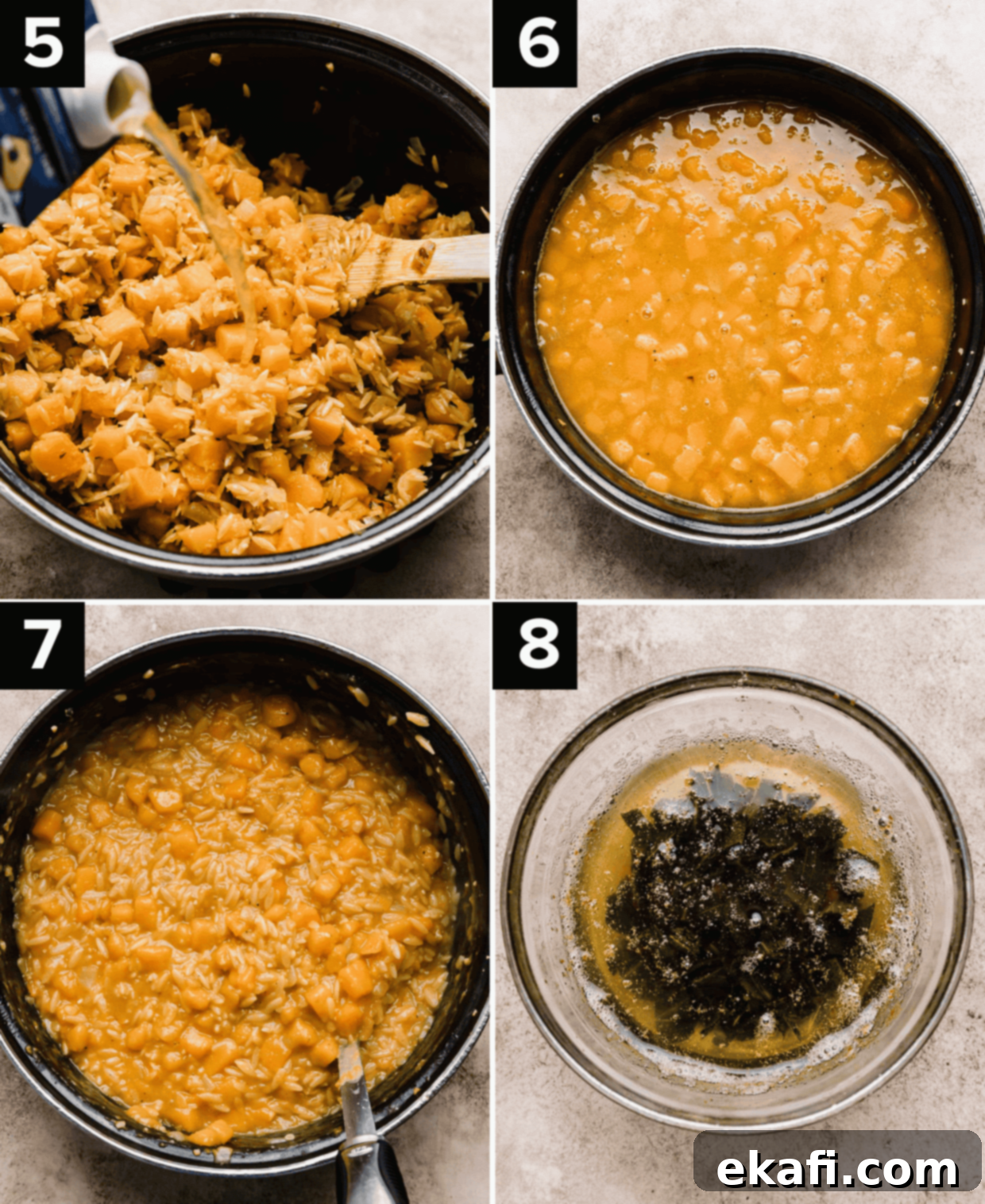 Creamy Butternut Squash Orzo 5 Cubed butternut squash and orzo in black pot (top left), broth added to pot with cooked butternut squash (top right), Butternut Squash Orzo pasta in a pot (bottom left), brown butter with sage leaves in a glass bowl (bottom right).