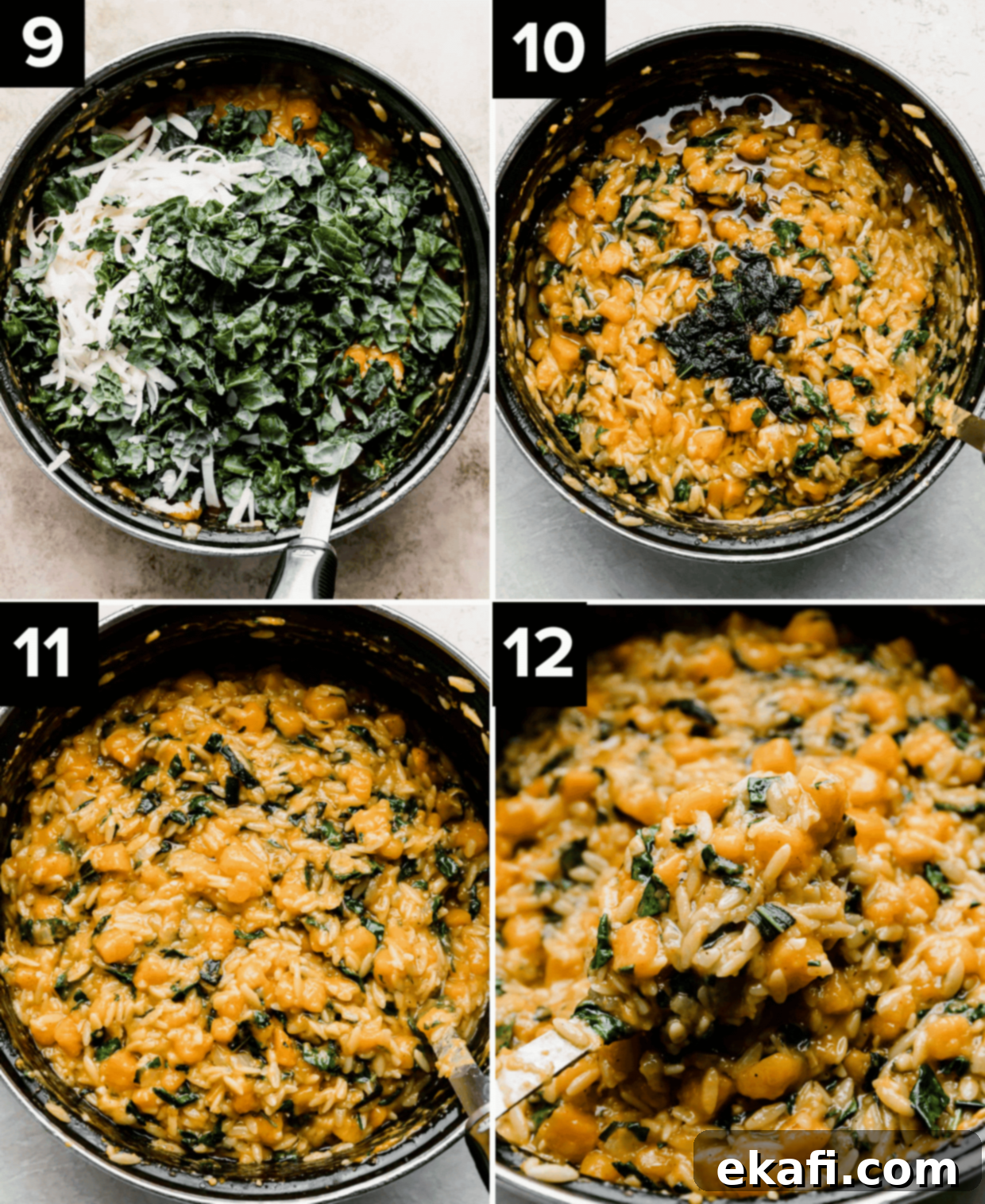 Creamy Butternut Squash Orzo 6 Chopped kale atop butternut squash and orzo pasta (top left), sage brown butter butternut squash orzo (top right), kale and sage Butternut Squash Orzo in a pot (bottom left and right images).