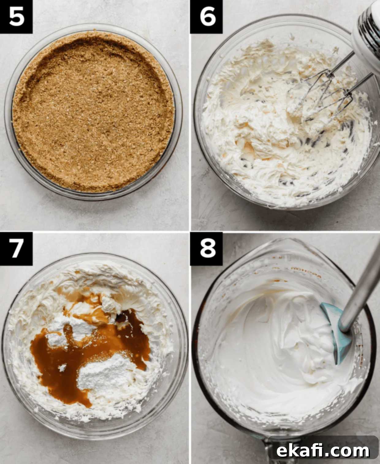 Caramel Pecan Utopia 5 Four photos showing how to make an easy turtle pie recipe: pecan graham cracker crust (top left), whipped cream cheese in glass bowl (top right), caramel, powdered sugar and cream cheese in bowl (bottom left), whipped heavy cream in bowl (bottom right).