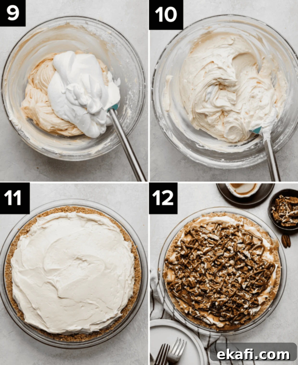 Caramel Pecan Utopia 6 Four photos showing how to make Turtle Pie: top two photos are caramel cream cheese and whipped cream being mixed together, turtle pie in graham cracker crust (bottom left), chocolate caramel and pecan topped turtle pie on gray background (bottom right).