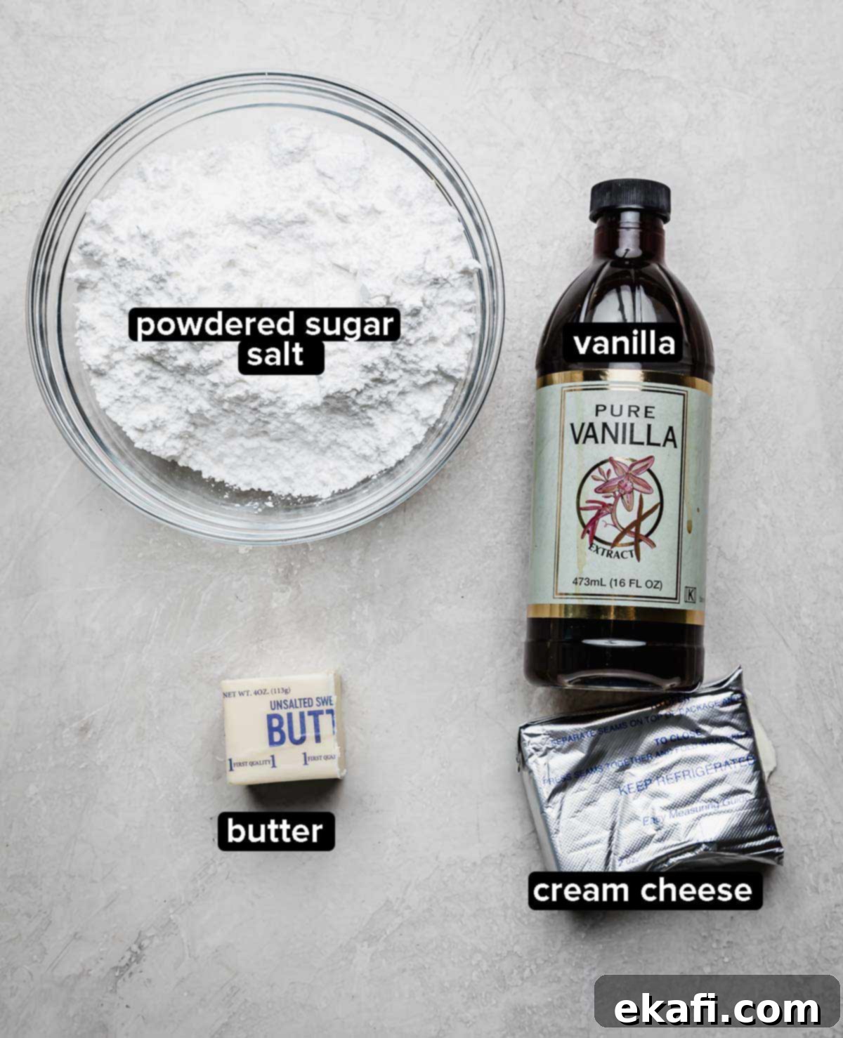 Soft & Chewy Gingerbread Bars 4 Cream cheese frosting ingredients: powdered sugar, cream cheese, butter, and vanilla.