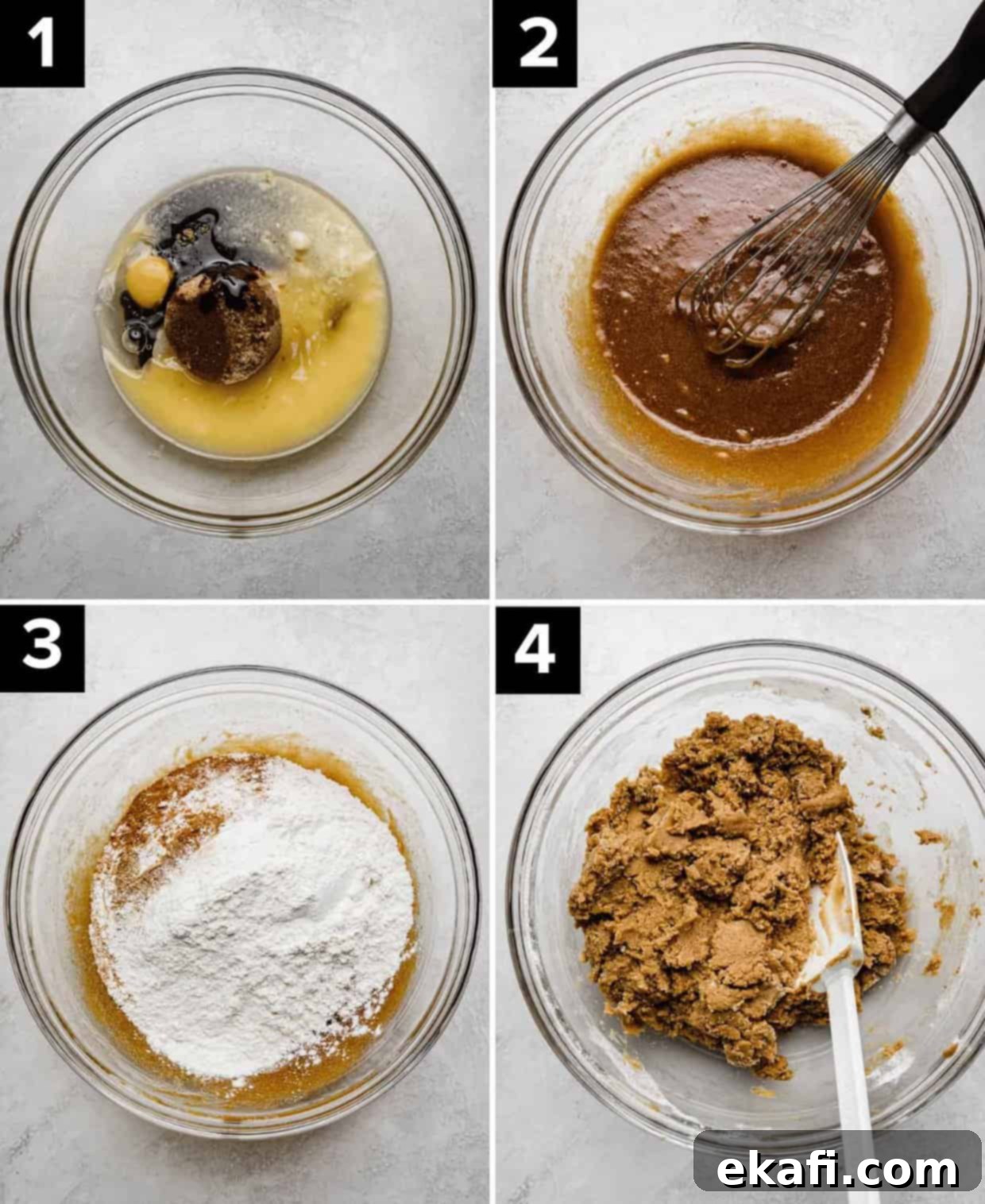 Soft & Chewy Gingerbread Bars 5 Four photos showing how to make Gingerbread Cookie Bars: butter, sugar, eggs in glass bowl (top left), dark colored sugar, butter mixture in glass bowl (top right), dry ingredients in a glass bowl (bottom left), gingerbread cookie dough in glass bowl (bottom right).