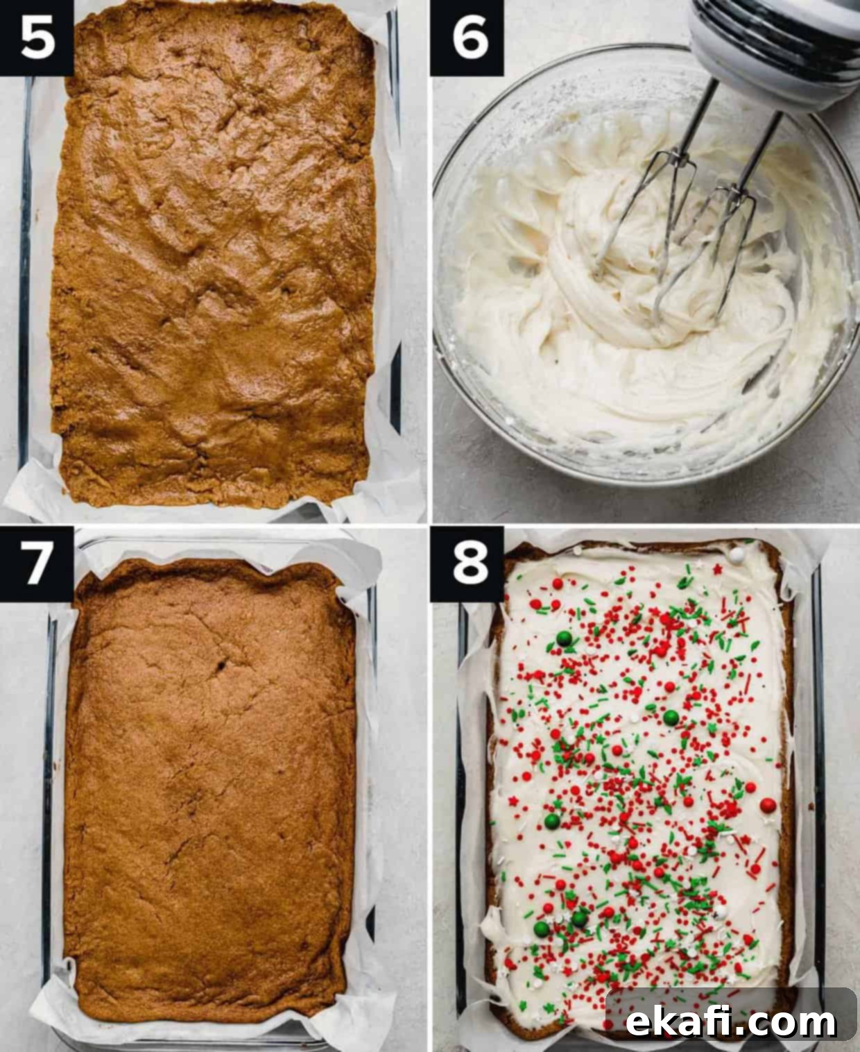 Soft & Chewy Gingerbread Bars 6 Gingerbread cookie dough unbaked in rectangle baking dish (top left), cream cheese frosting in glass bowl (top right), baked gingerbread cookie bars in glass rectangle dish (bottom left), cream cheese frosted gingerbread cookie bars topped with red and green sprinkles (bottom right).