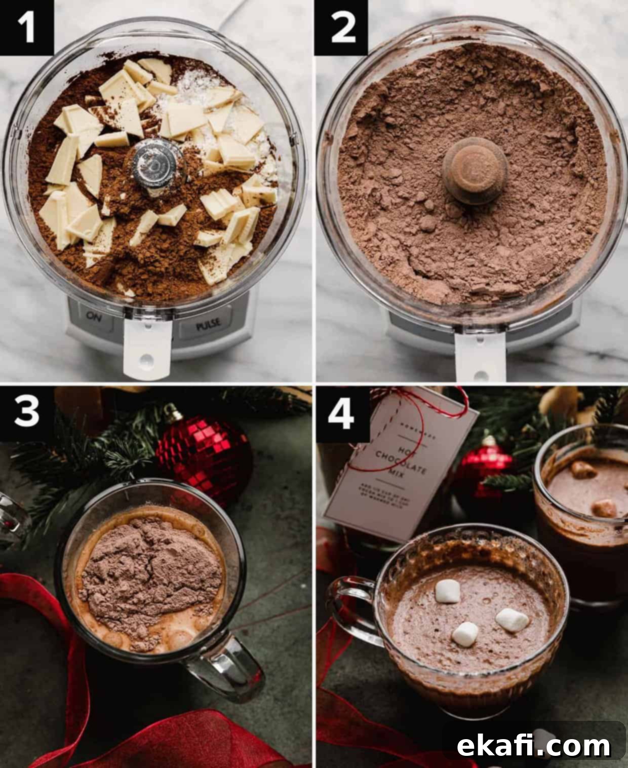 Homemade Hot Chocolate Delight 4 Four photos showing how to make homemade hot chocolate mix, cocoa powder and white chocolate chunks in a food process (top left), mixed homemade Hot Cocoa Mix in a food process (top right), glass of milk with hot chocolate mix in the cup (bottom left), homemade hot chocolate thin a glass cup with 3 marshmallows in the drink (bottom right).