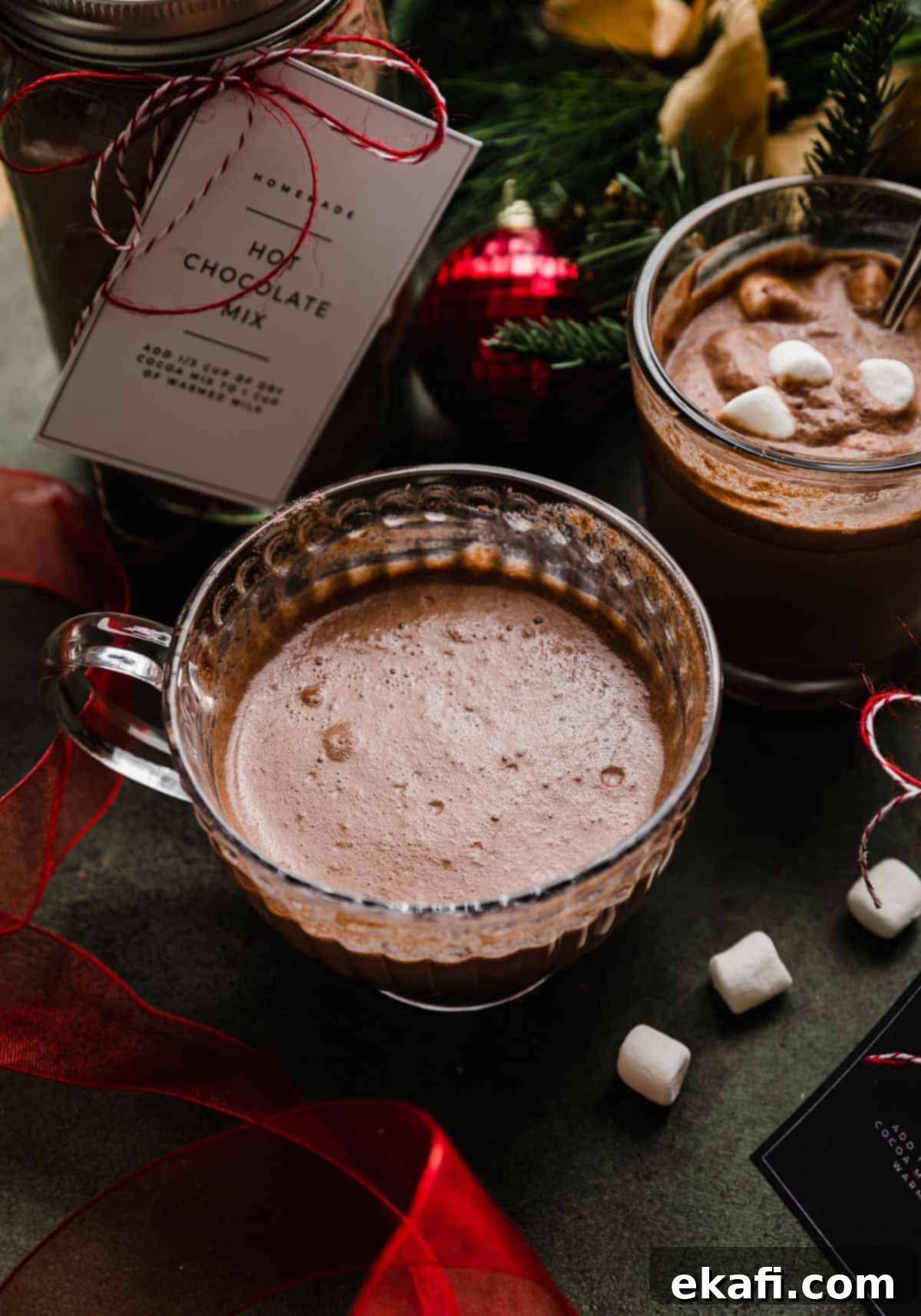Homemade Hot Chocolate Delight 5 A clear cup filled with homemade hot chocolate, using a homemade hot cocoa mix with whole milk powder and white chocolate.