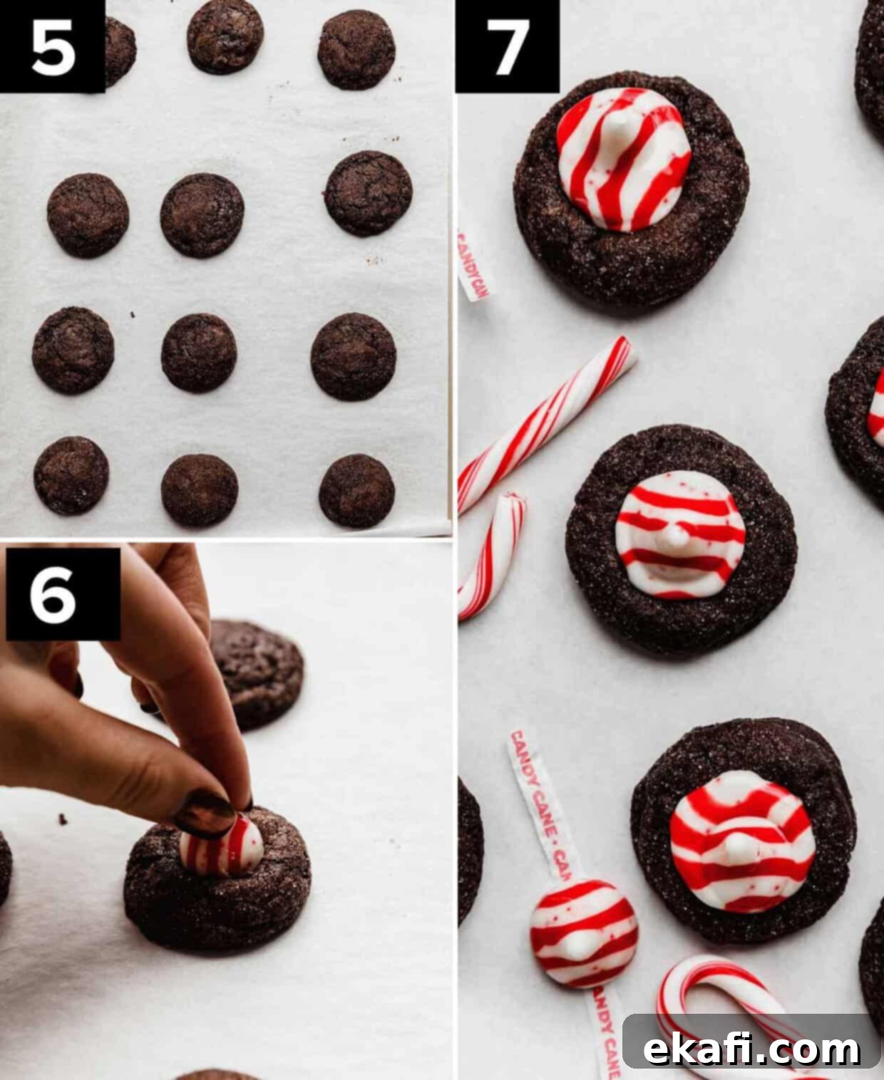 Peppermint Kissed Chocolate Gems 5 Three photos showing how to make peppermint blossom cookies with a candy cane kiss on top.