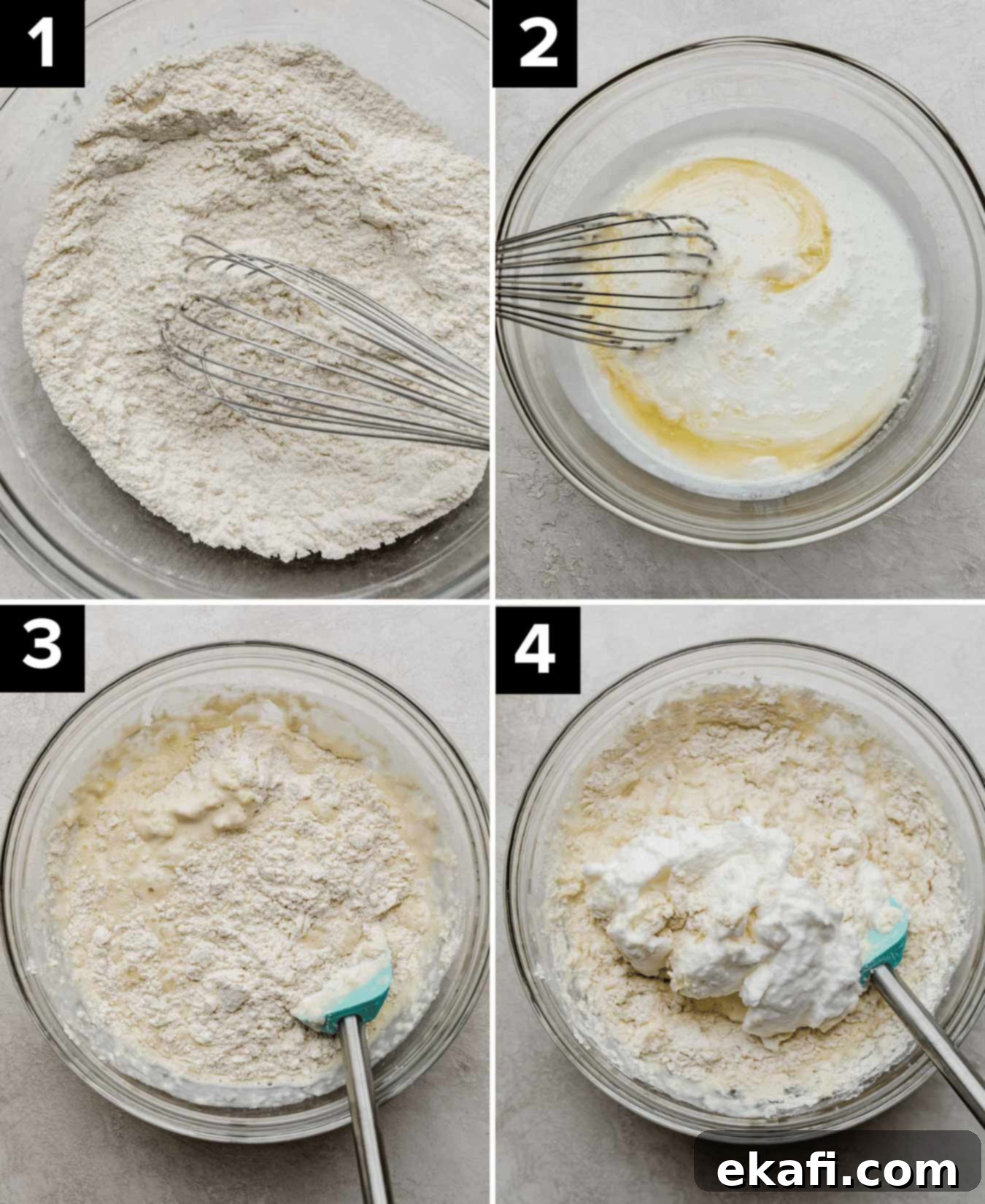 Confetti Morning Cakes 4 Four photos showing how to make Birthday Cake Pancake batter in a glass bowl.