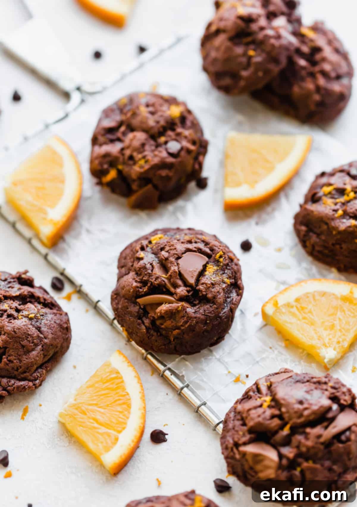 Irresistible Chocolate Orange Cookies 8 Chocolate Orange Cookies surrounded by fresh orange slices.