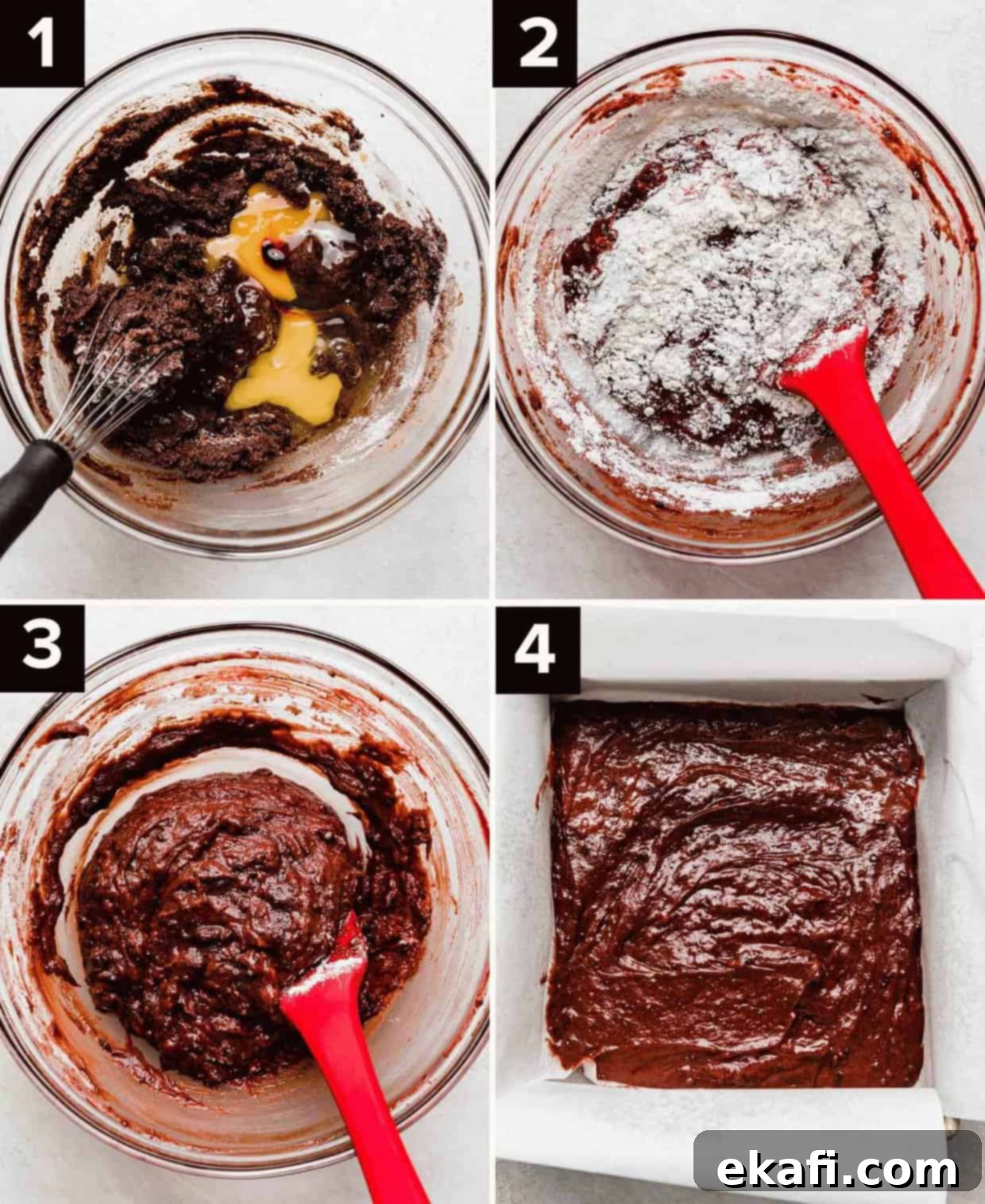 Crimson Oreo Truffle Dream Bars 4 Four photos showing how to make Red Velvet Oreo Brownies; cocoa powder, butter, eggs, and red food color in a glass bowl (top left), flour atop red velvet brownie batter in glass bowl (top right), red velvet brownie batter in a glass bowl (bottom left), red velvet oreo brownie batter in a square pan (bottom right). Each step is clearly depicted.