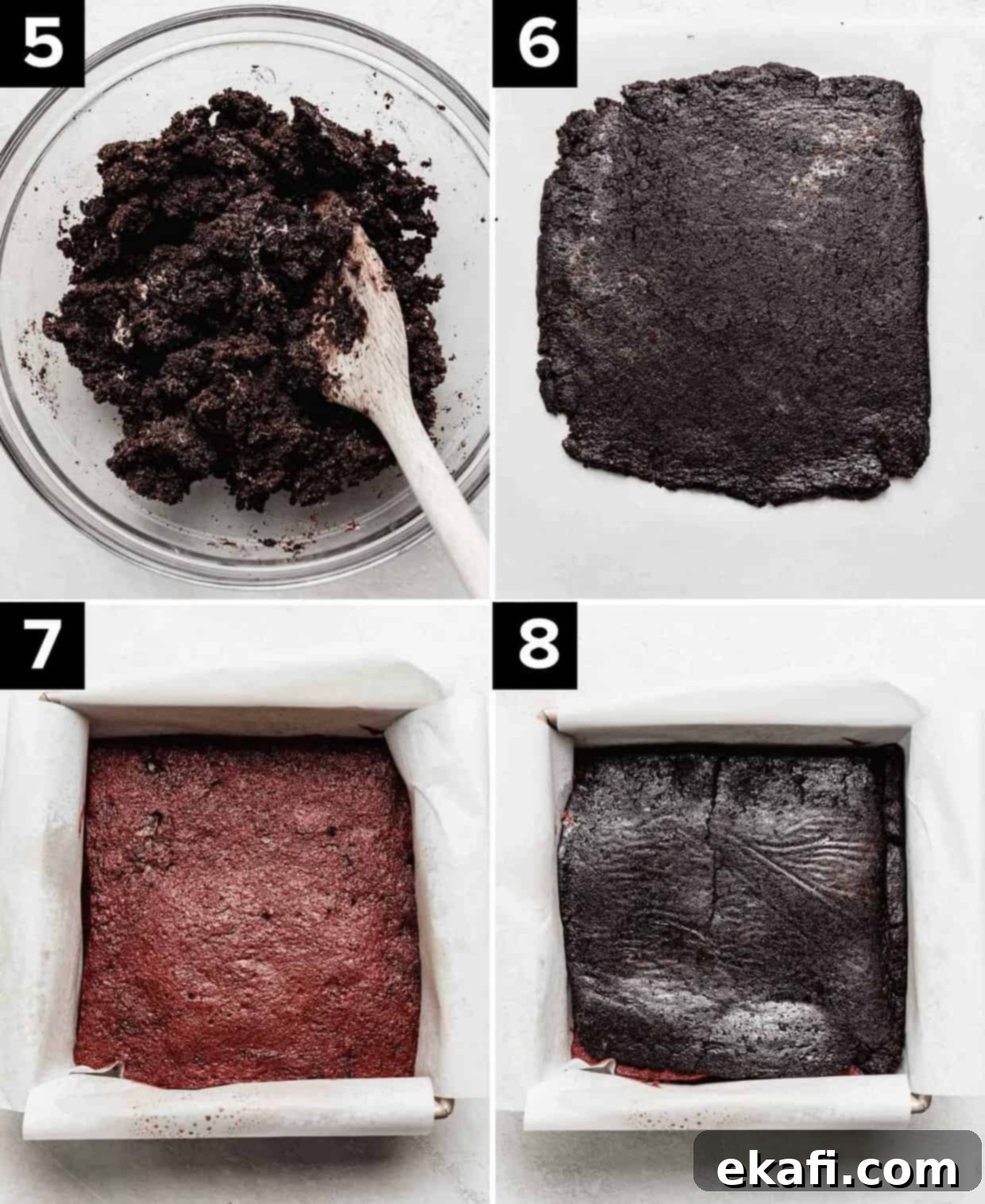 Crimson Oreo Truffle Dream Bars 5 Four photos showing the making of Oreo Truffle red velvet brownies; crushed Oreos and cream cheese mixed in a glass bowl (top left), flattened square of Oreo truffle mix (top right), baked red velvet brownies in a square pan (bottom left), Oreo truffle topped red velvet brownies (bottom right). Each step of layering is shown.