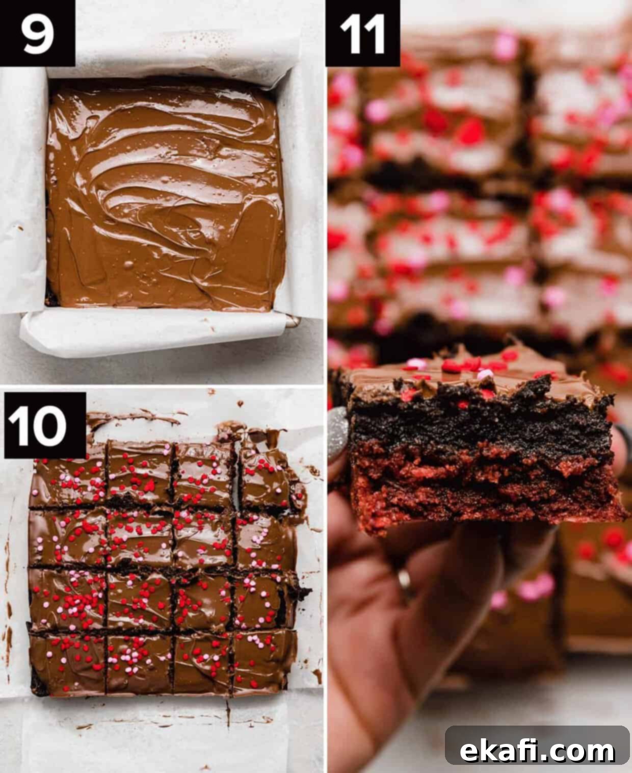 Crimson Oreo Truffle Dream Bars 6 Melted milk chocolate topped Red velvet Oreo brownies with pink and red circle sprinkles overtop, ready to be sliced.