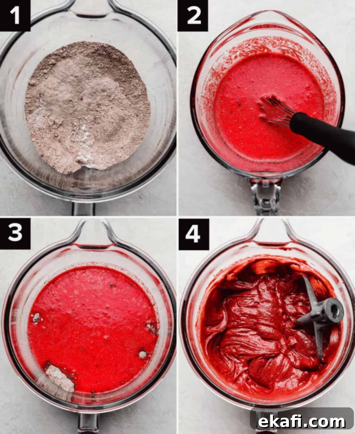 Velvety Crimson Crown 4 Four photos showing the process of how to make Red Velvet Bundt Cake batter in a glass bowl: dry ingredients in glass bowl (top left), red liquid batter in glass bowl (top right and bottom left), fully mixed red velvet cake batter in a mixing bowl (bottom right), demonstrating the vibrant color and smooth consistency.