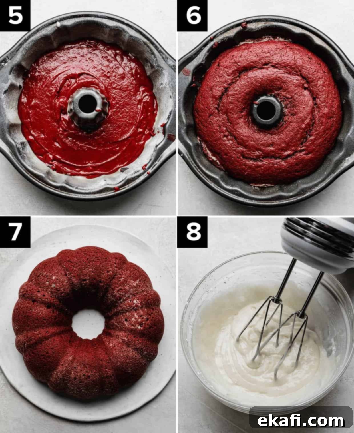 Velvety Crimson Crown 5 Four Red Velvet Bundt Cake process photos: red velvet cake batter in a bundt pan (top left), perfectly baked red velvet cake in a bundt pan (top right), baked red velvet bundt cake cooling on a white plate (bottom left), creamy cream cheese glaze prepared in a glass bowl (bottom right), showing the progression of baking.