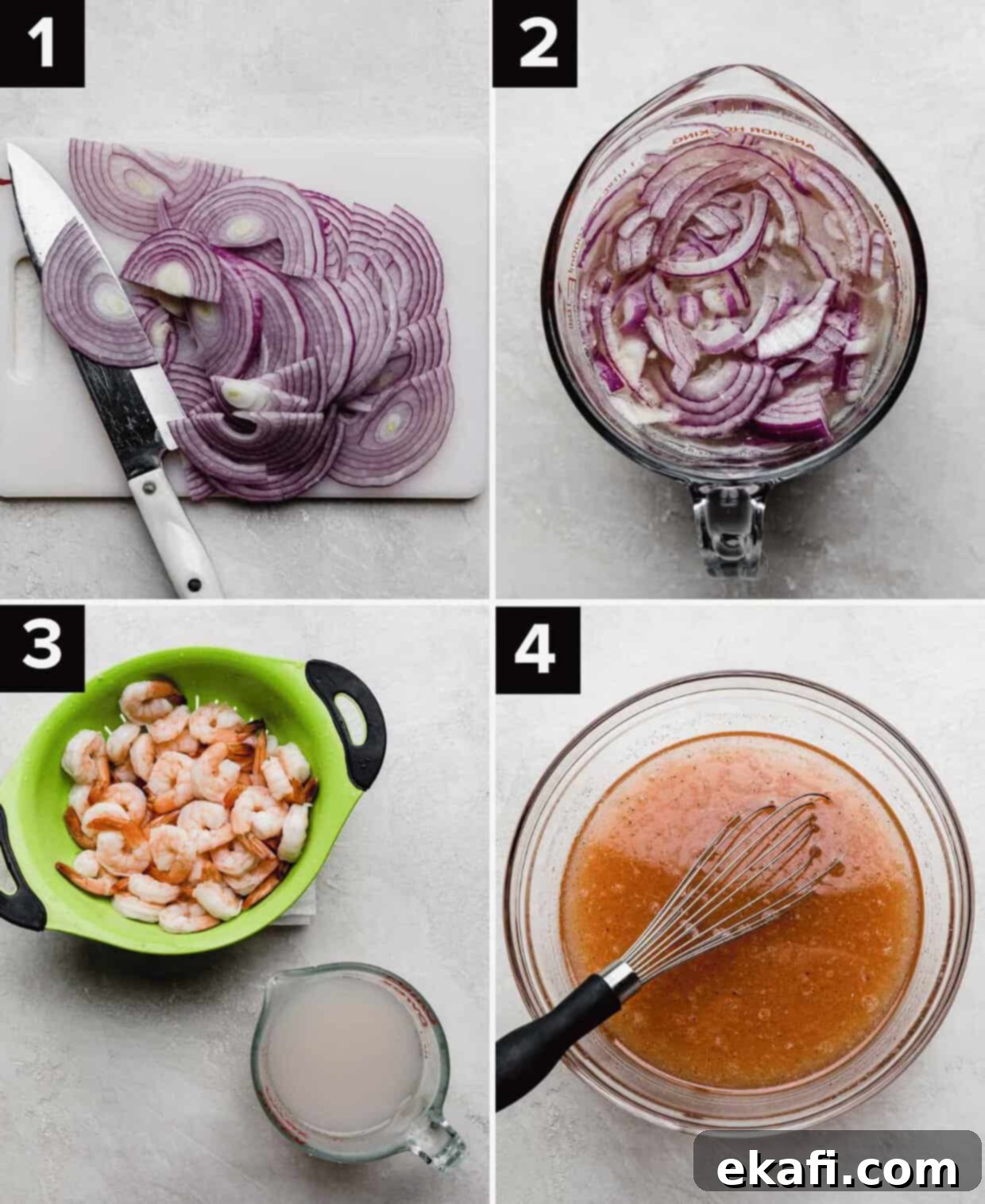 Refreshing Cooked Shrimp Ceviche 4 Four photos showing how to make traditional Shrimp Ceviche with cooked shrimp: thinly sliced purple onions (top left), sliced purple onions in a lemon lime juice (top right), cooked shrimp in colander and shrimp water to the side of the colander (bottom left), subtle red liquid mixture in a glass bowl (bottom right).