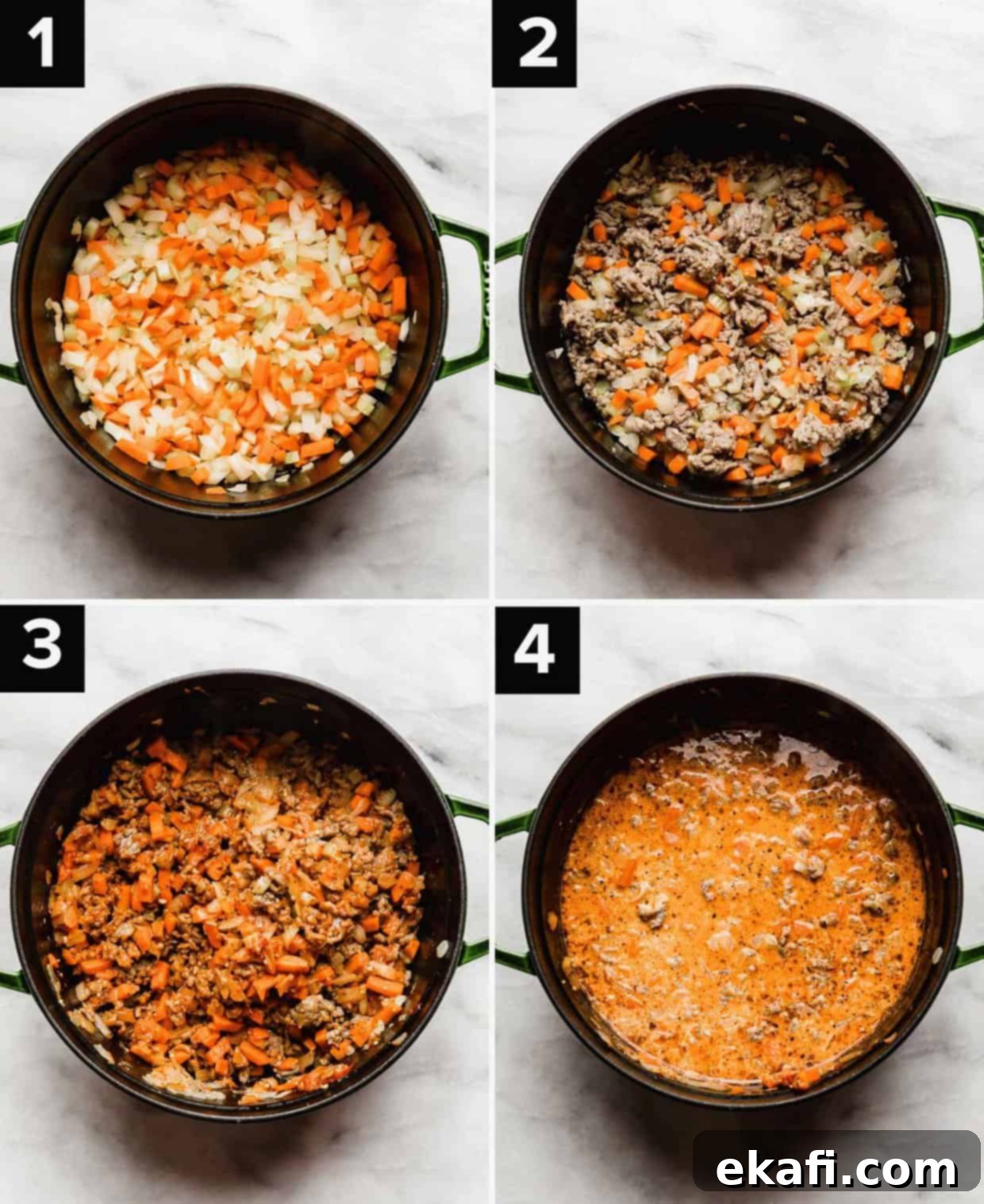 Italian Sausage Rigatoni 4 Four photos showing how to make creamy Italian Sausage Rigatoni: diced carrot, onion and celery in dutch oven (top left), cooked Italian sausage with carrot, onion, and celery (top right), tomato paste mixed amongst cooked sausage and diced vegetables (bottom left), heavy cream and water added to a tomato based Italian Sausage Rigatoni sauce (bottom right).