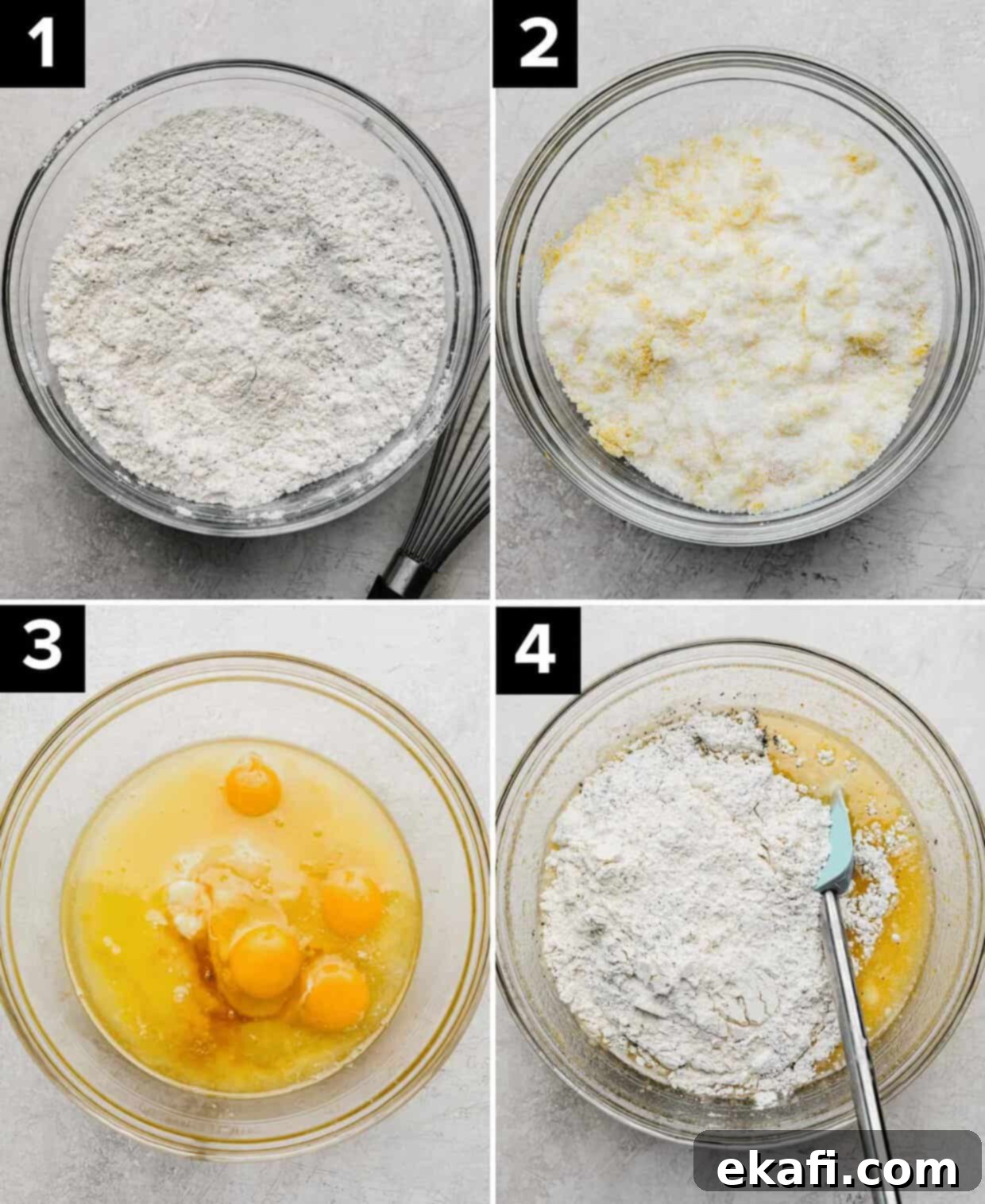 Sunshine Lemon Poppy Seed Cloud Cake 5 Four photos showing how to make the best lemon poppy seed cake: glass bowl with flour in it (top left), sugar and lemon zest in glass bowl (top right), eggs and butter and sour cream in glass bowl (bottom left), four mixture added to egg mixture in glass bowl (bottom right).