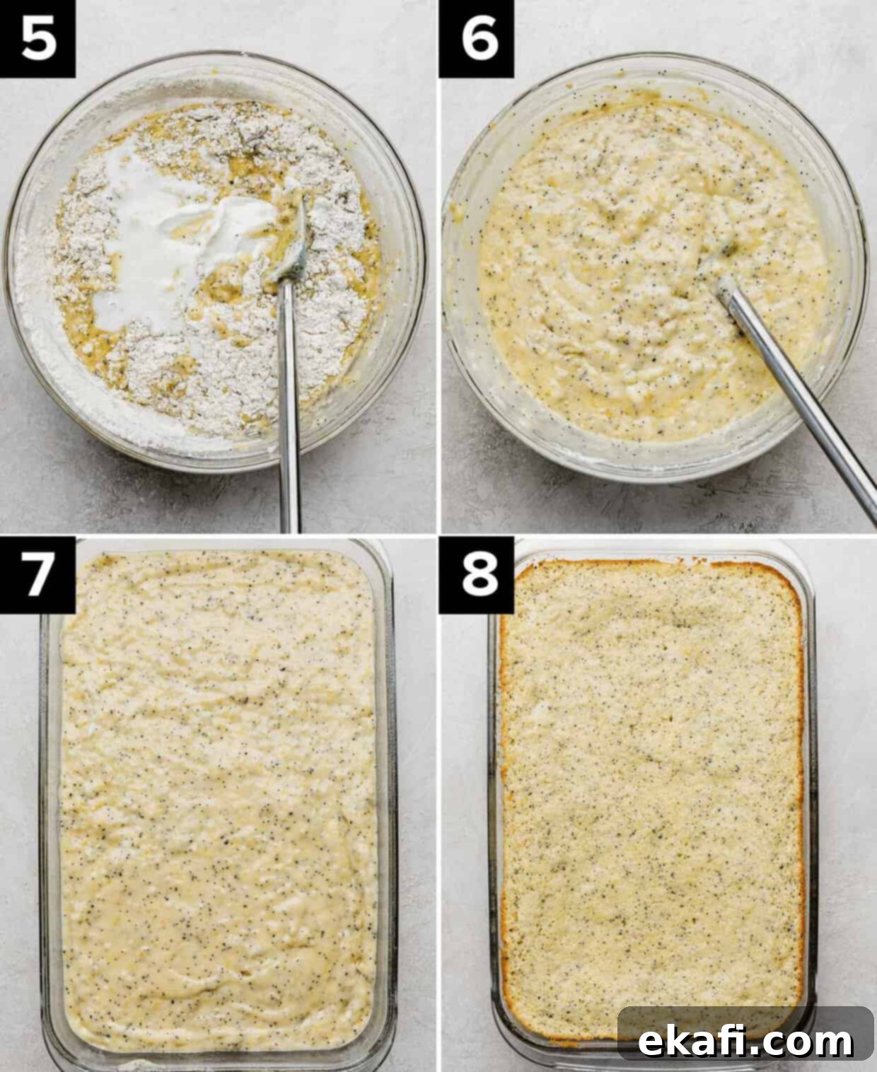 Sunshine Lemon Poppy Seed Cloud Cake 6 The making of a lemon poppy seed sheet cake: lemon poppy seed batter in a glass bowl (top left and right photos), lemon and poppy seed cake batter in 9x13 inch baking dish (bottom left), baked lemon poppy seed sheet cake (bottom right).