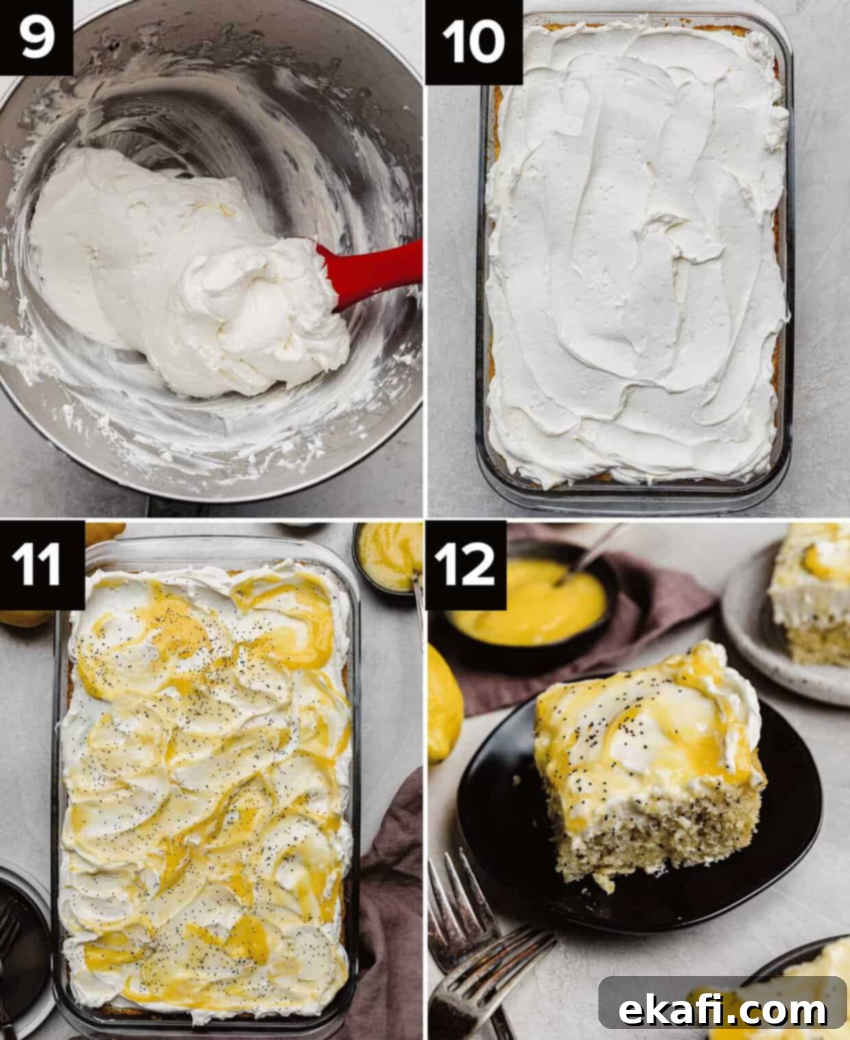 Sunshine Lemon Poppy Seed Cloud Cake 7 Whipped cream cheese frosting in a metal mixing bowl (top left), white frosting covered lemon poppy cake (top right), Lemon curd covered lemon poppy seed cake (bottom left), a slice of moist lemon poppy seed cake on a black plate.
