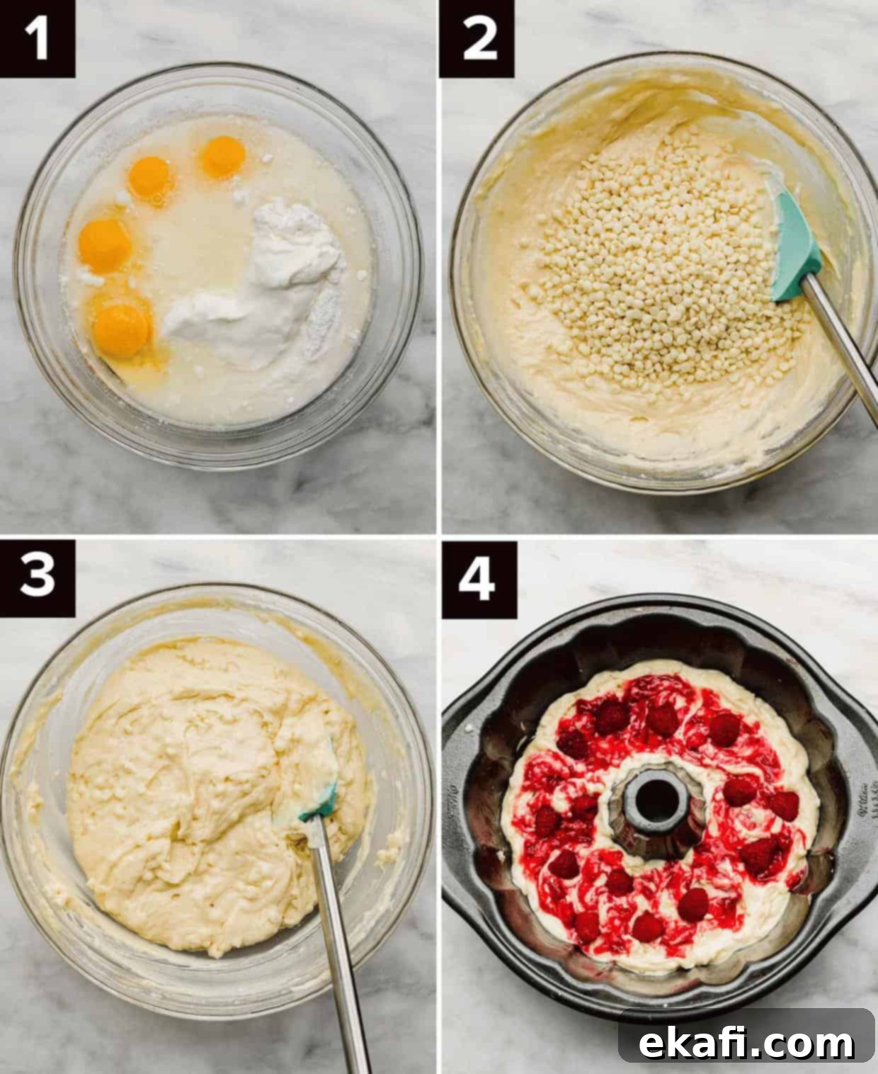 Decadent White Chocolate Raspberry Bundt Cake 5 Four photos showing how to make White Chocolate Raspberry Bundt Cake: eggs and wet ingredients in glass bowl (top left), white chocolate chips in a bowl filled with white cake mix batter (top right), white chocolate cake batter in a glass bowl (bottom left), bundt pan filled with white cake mix and raspberry jam swirled amongst it.