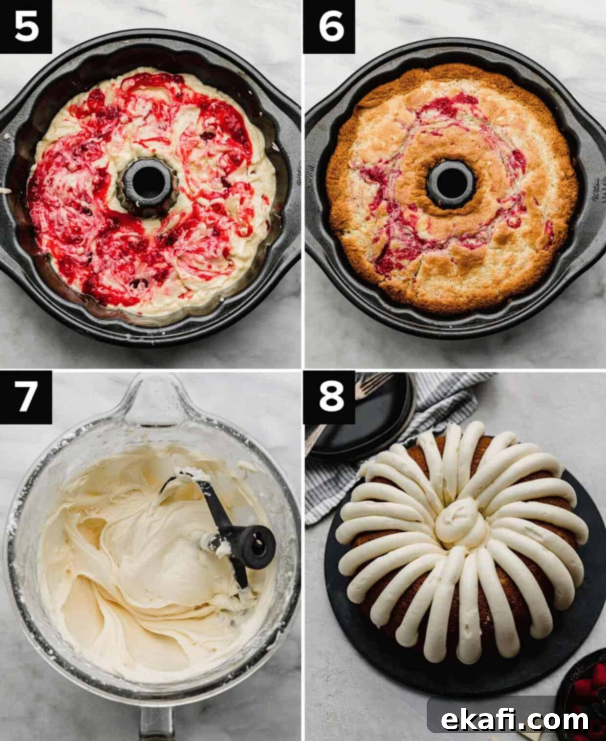 Decadent White Chocolate Raspberry Bundt Cake 6 Four photos showing how to make a raspberry white chocolate bundt cake: Raspberry jam swirled into white cake batter in a bundt pan (top left), baked White Chocolate Raspberry Bundt Cake in a bundt pan (top right), cream cheese frosting in a glass bowl (bottom left), Cream cheese frosted White Chocolate Raspberry Bundt Cake on a black plate (bottom right).