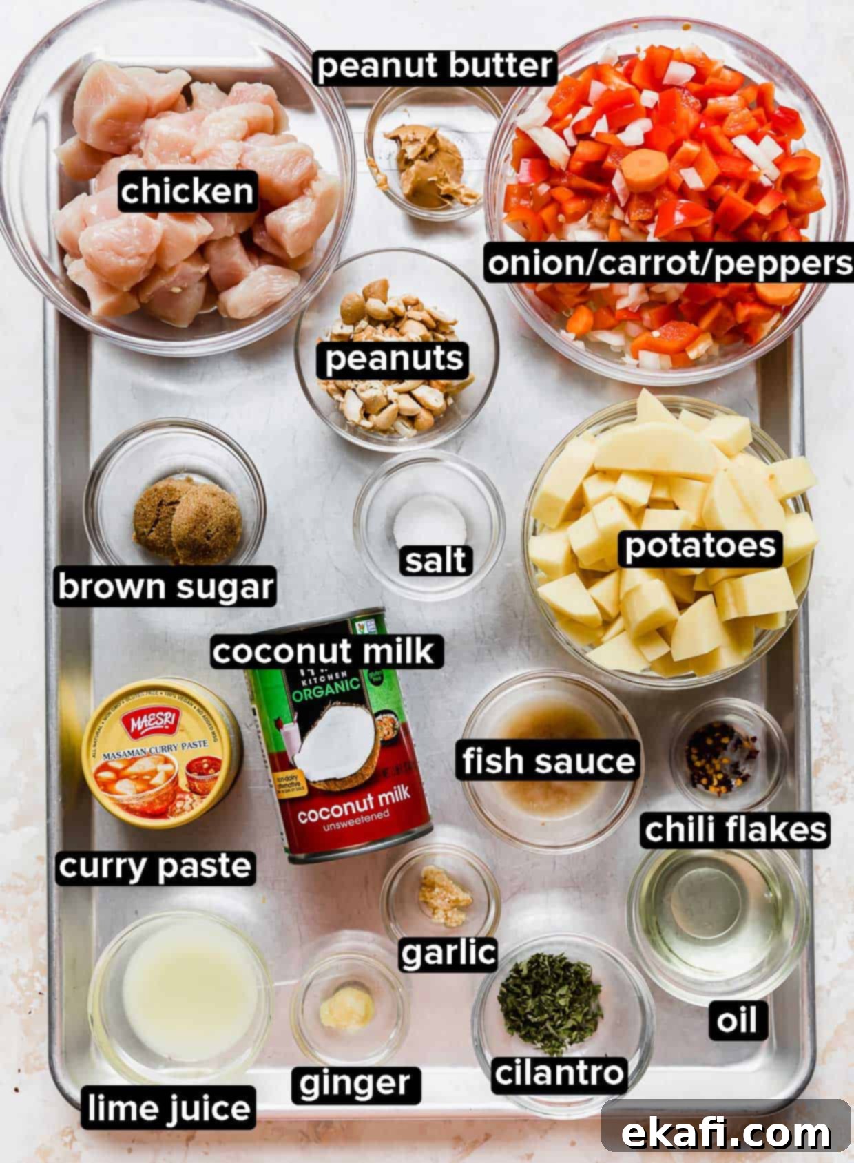 The Royal Massaman Curry 3 Massaman Curry ingredients on a baking sheet.